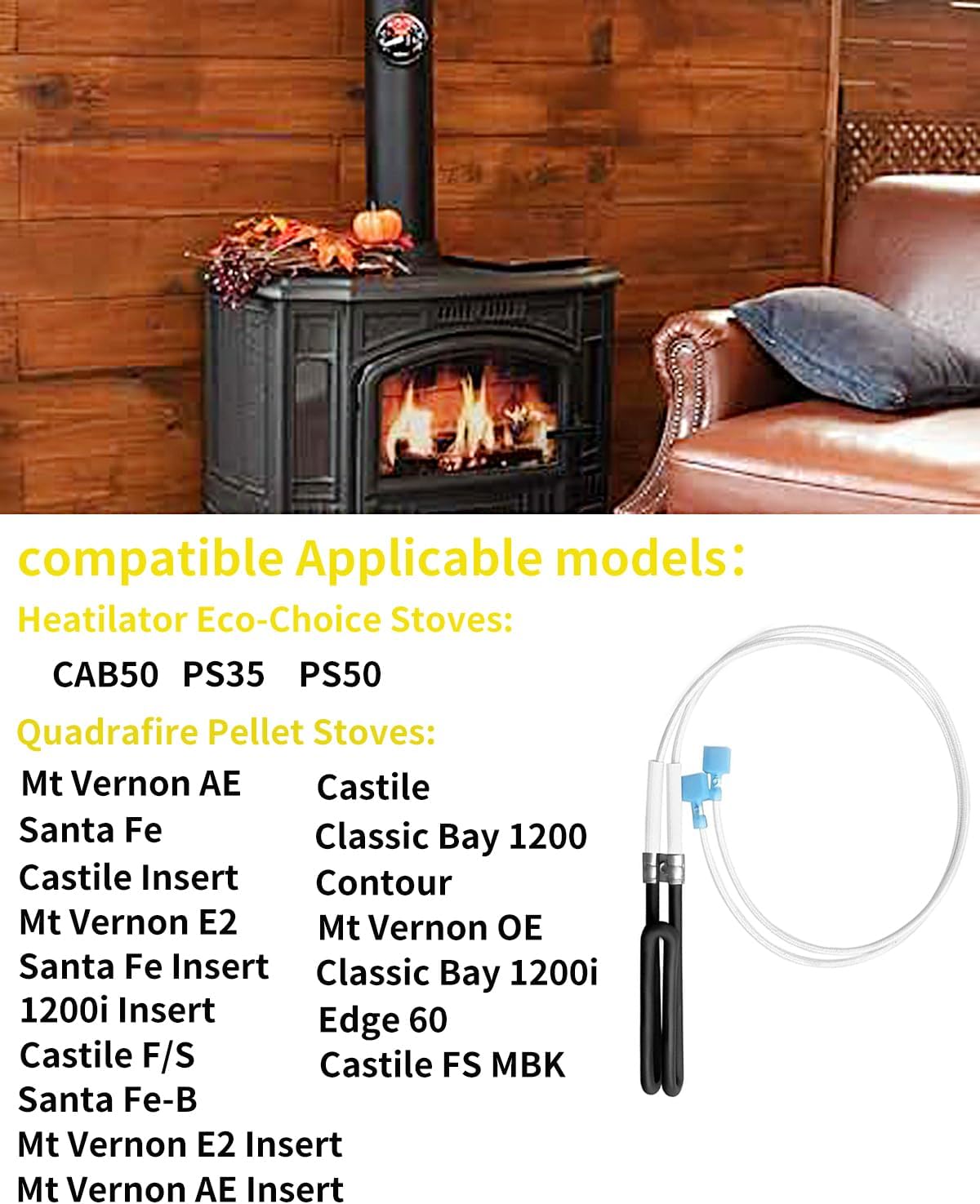 SRV7000-462 Igniter for Quadra-fire Mt Vernon AE, Castile, Santa Fe, Classic Bay 1200 and Heatilator Eco-Choice CAB50, PS35, PS50 Pellet Stove Parts, Quadra-Fire 812-3811 Ignitor