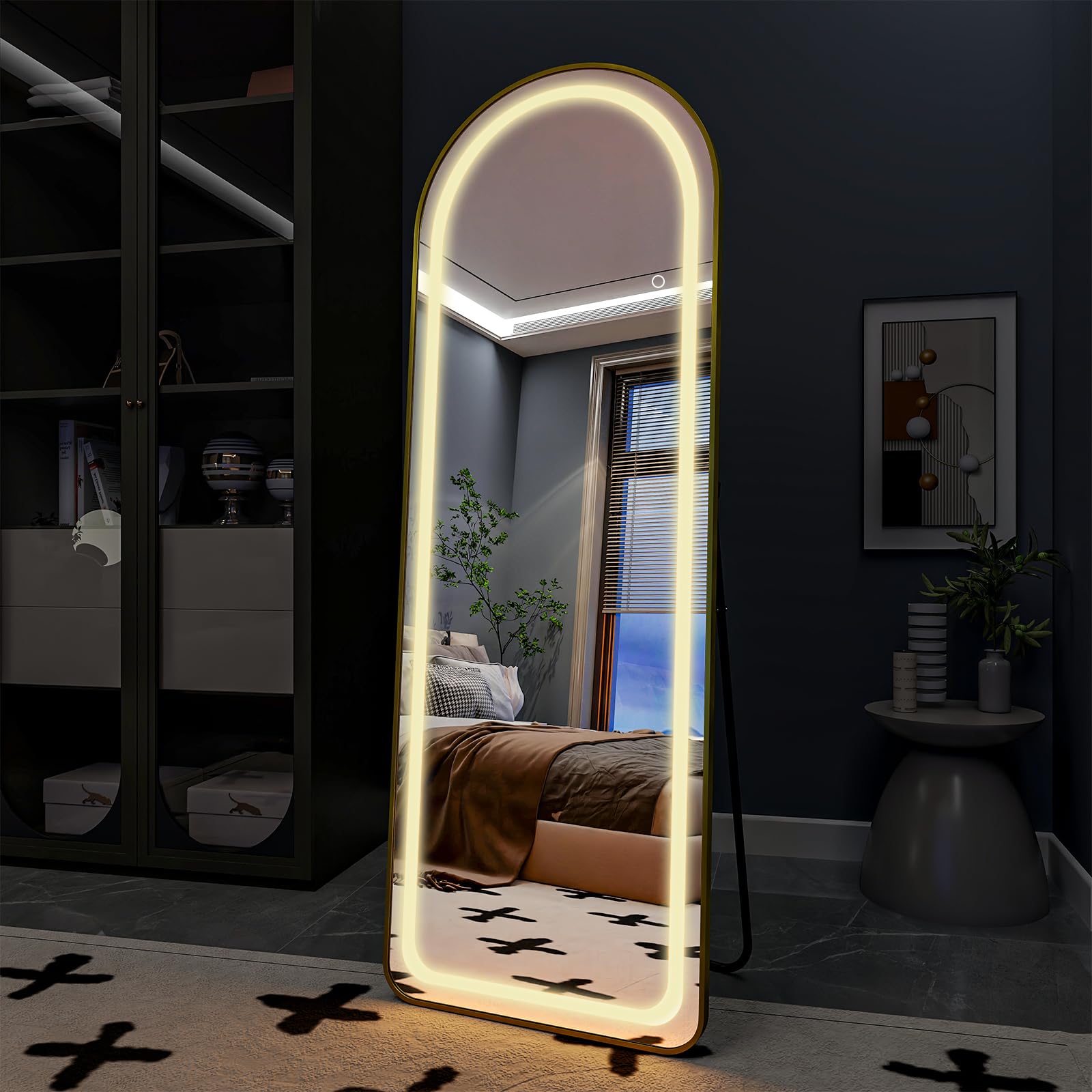 BEAUTYPEAK LED Full Length Mirror, 64" x 21" Arched Floor Mirror Standing or Leaning Against Wall, Lighted Full Body Dressing Mirror with Stand for Bedroom Bathroom Living Room(Gold)