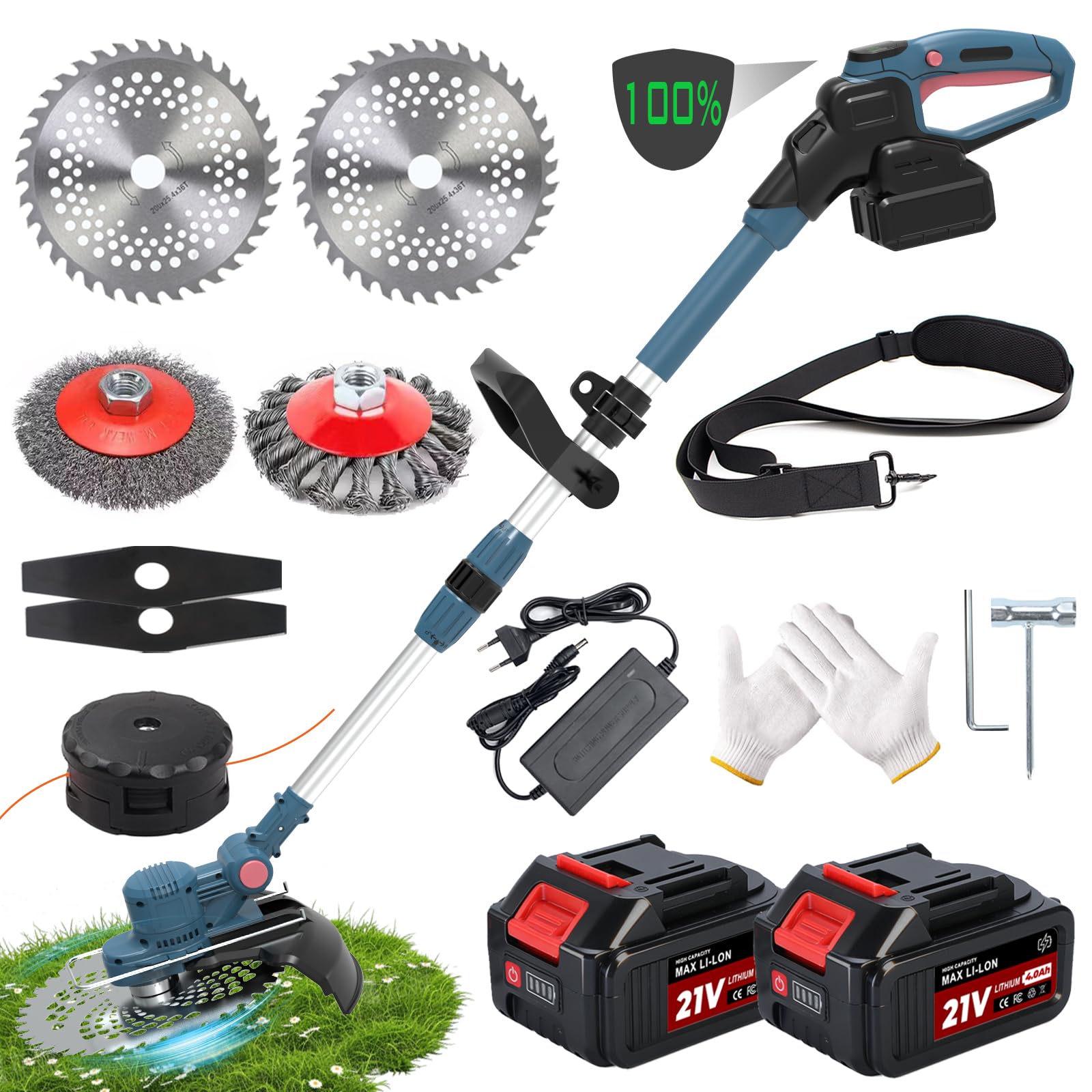 Tagliaerba con batteria e spazzola per erbacce, tagliaerba a batteria 5 in 1, motore brushless 750 W, decespugliatore a batteria con 2×4,0 Ah 21 V, pieghevole, decespugliatore elettrico blu