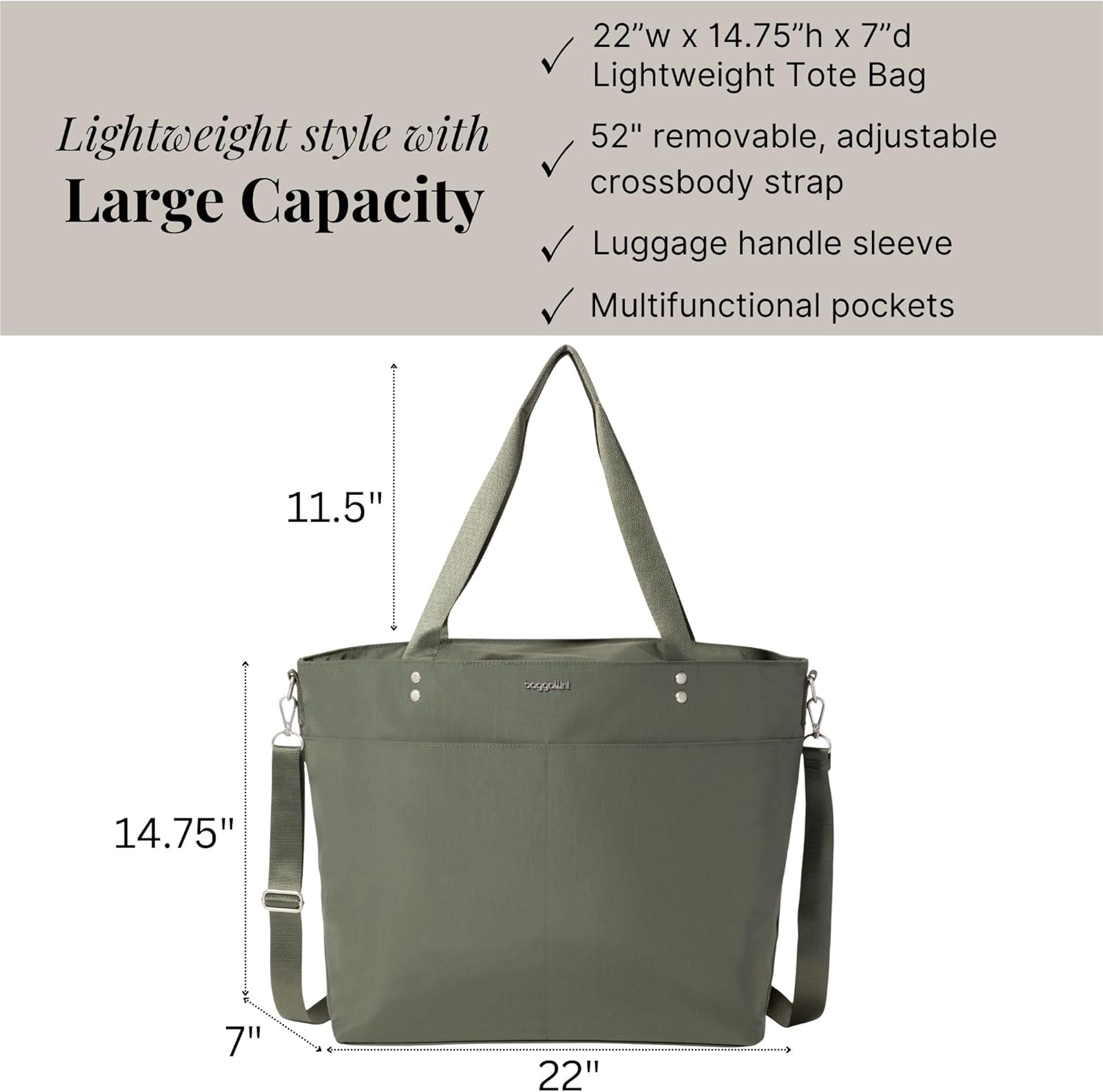Baggallini Carryall Tote - Lightweight Nylon Zipper Top Weekender Travel Beach Bag w/Luggage Sleeve