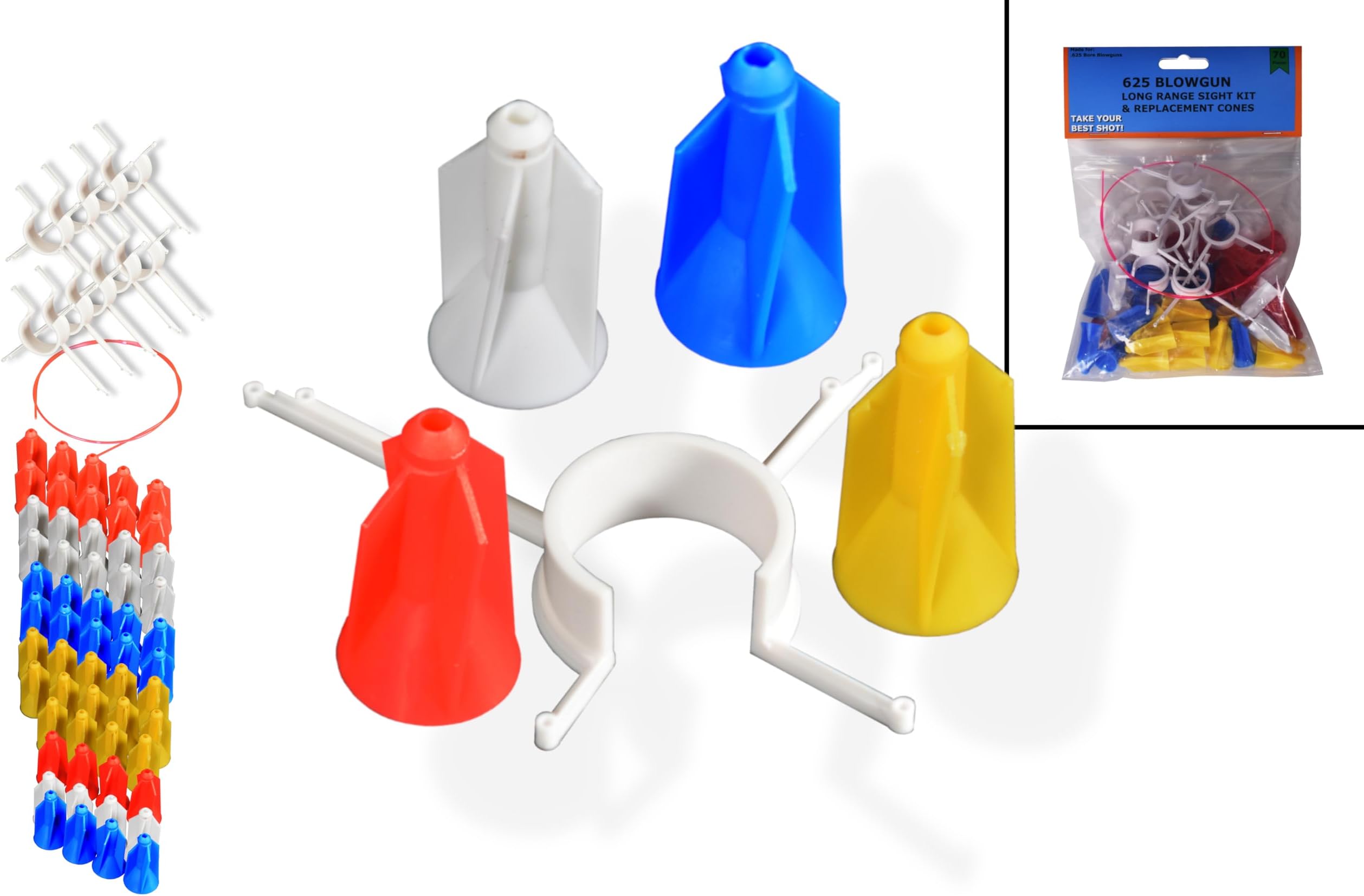 FSFF .625 Blowgun Long Range Sight and Replacement Cone Kit for Darts, Big 70 Pack, fletched fit All Steel 2 and 2.5mm Cold Dart Shaft, snap Sight on All Blowgun Tubes Great Accuracy Distance Cones