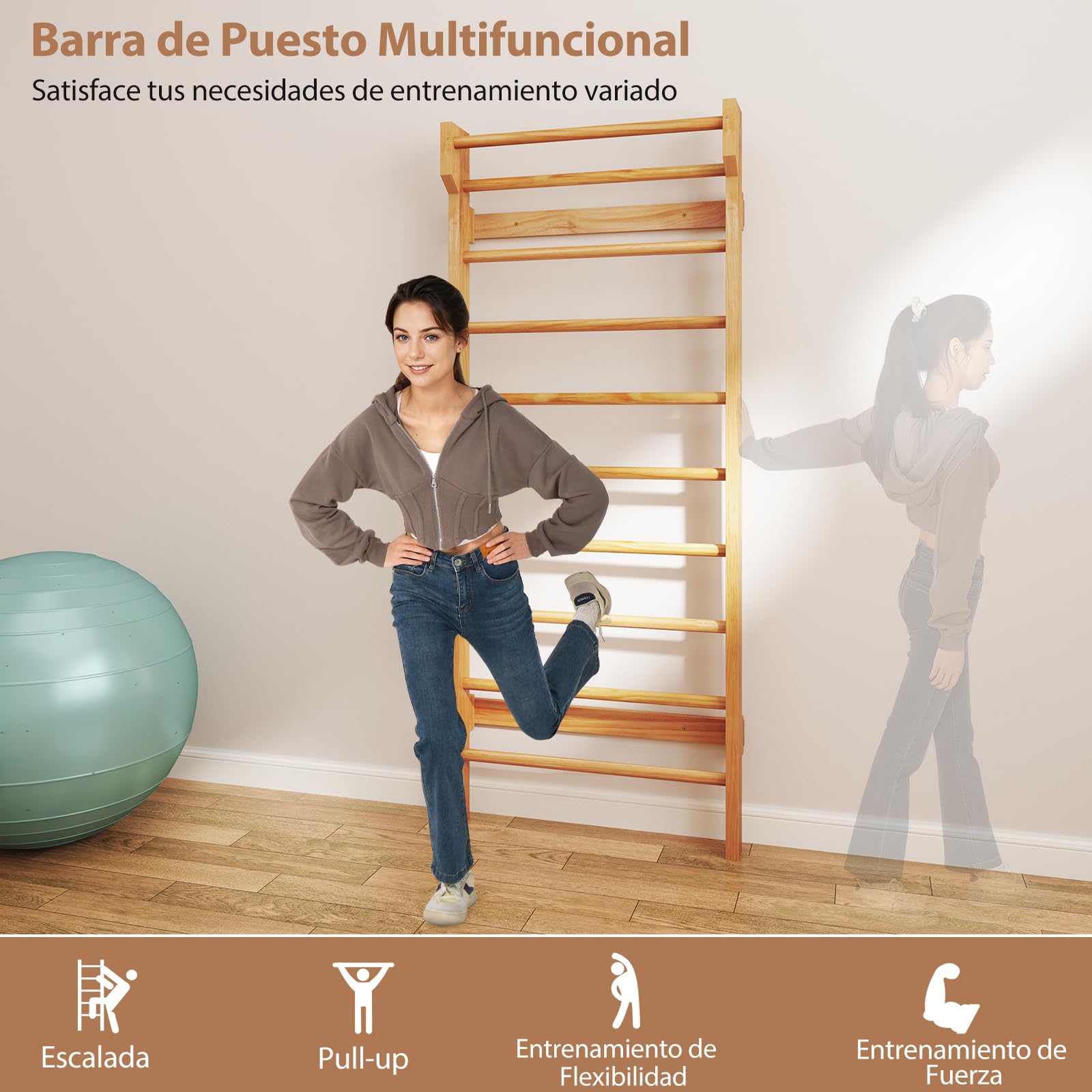 GYMAX Espaldera Gimnasio para Niños y Adultos, Carga de hasta 100 kg, 195 x 80 x 14 cm, Escalera Sueca con 10 Barras, Espaldera de Madera de Pino para Gimnasia, Fitness