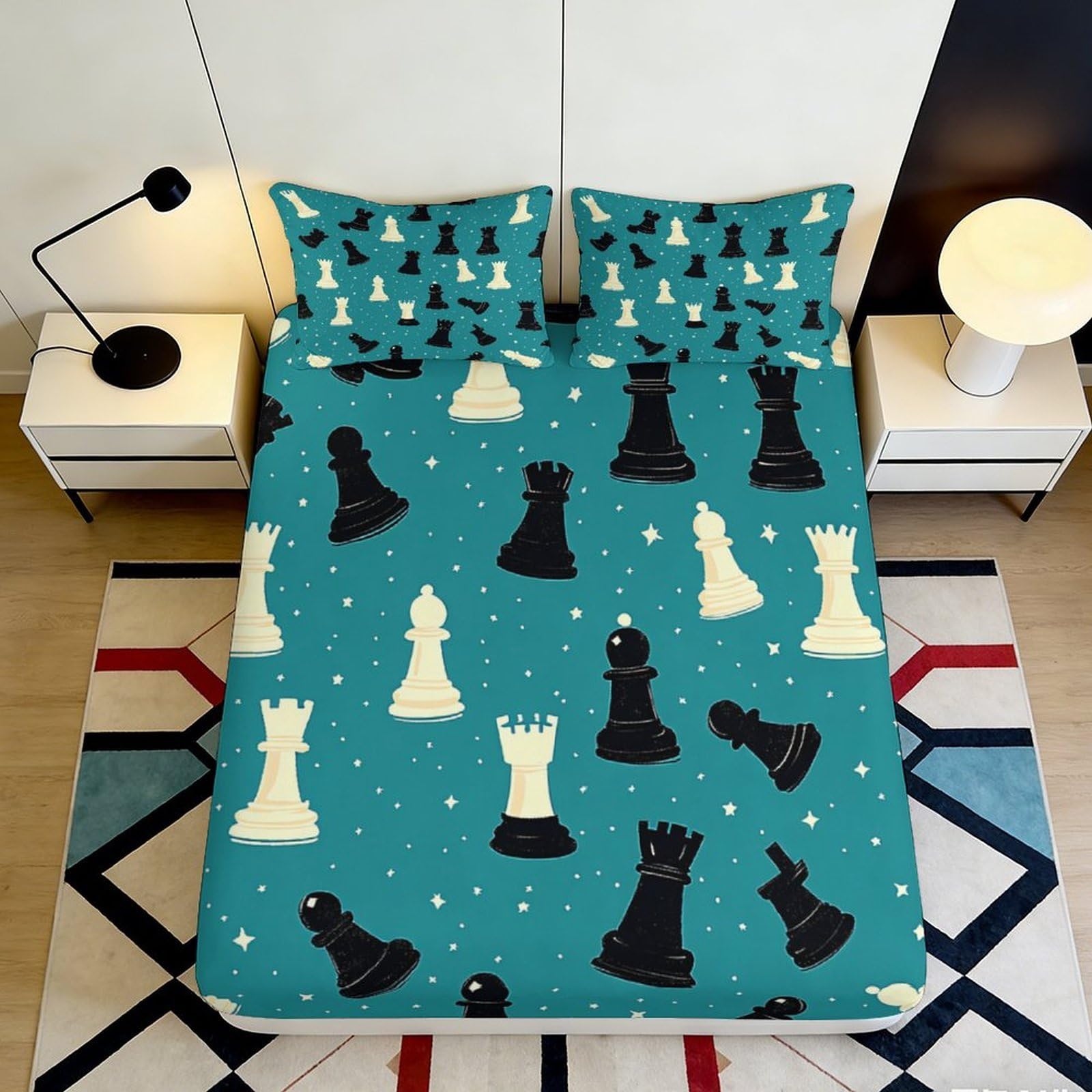 3D Printed Chess Pattern Fitted Sheet Microfiber Deep Pocket Non-Slip Chess Mattress Fitted Cover Elastic Hem Washable Bedding 140x200x25cm