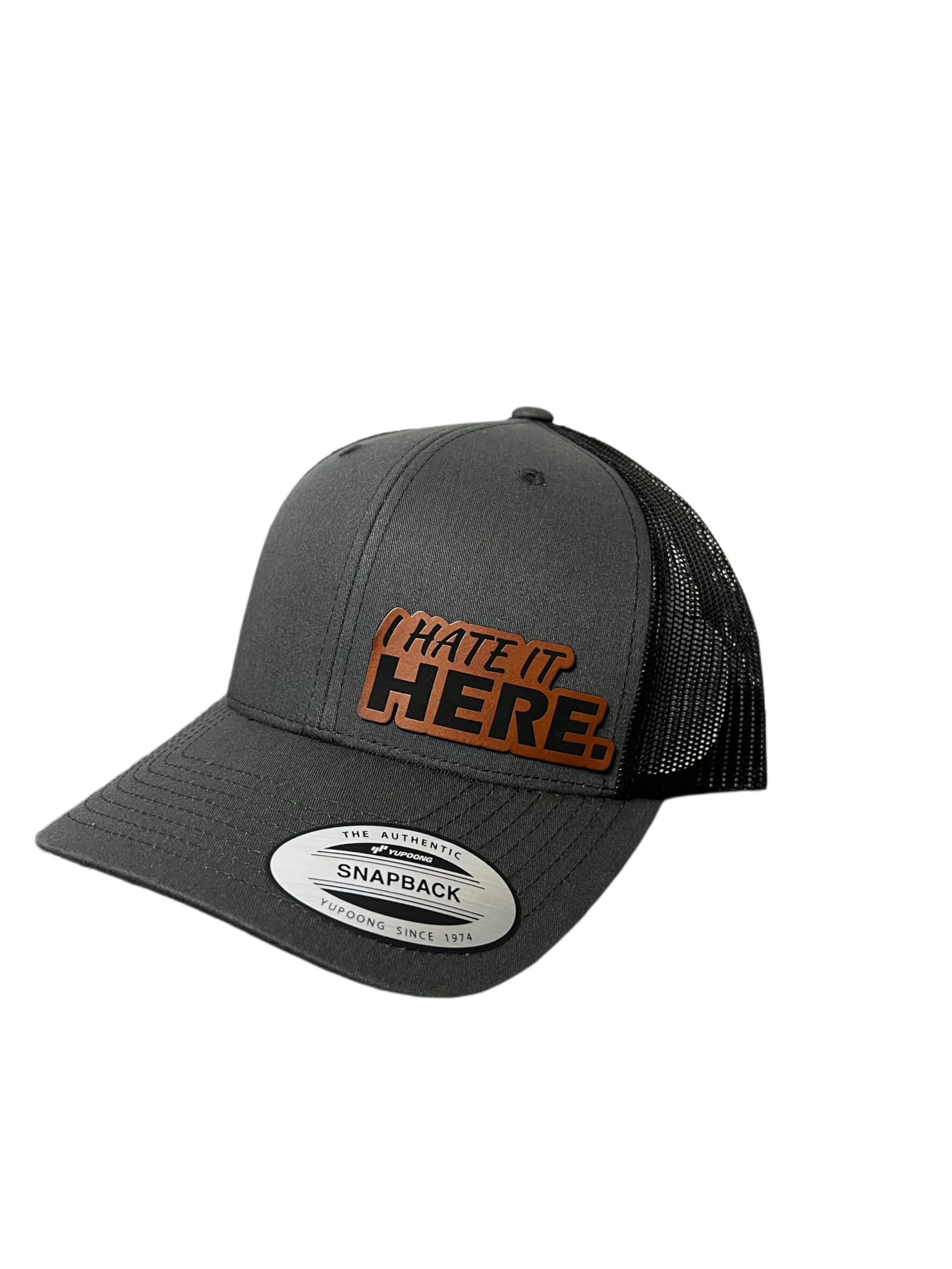 I Hate It Here Leather Patch Hat Trucker mesh Snapback - Charcoal Grey/Black