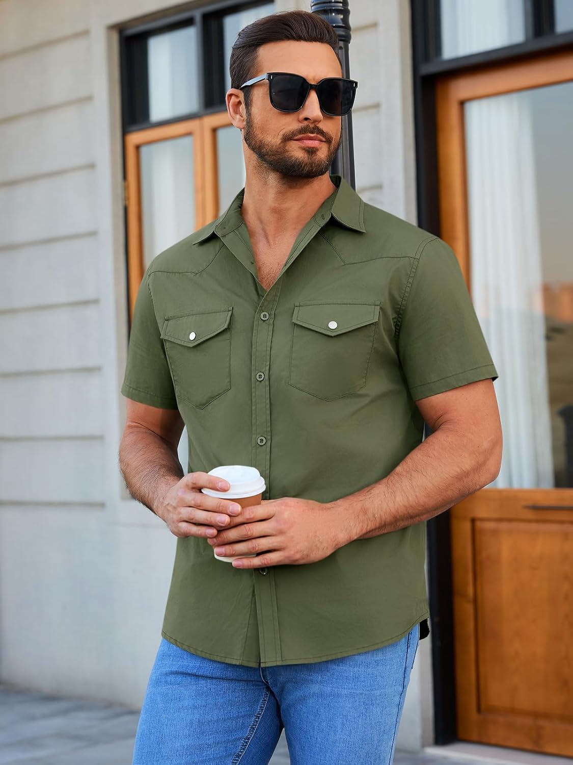 Runcati Mens Short Sleeve Work Shirt Linen Button Down Casual Shirt Western Cowboy Summer Tops