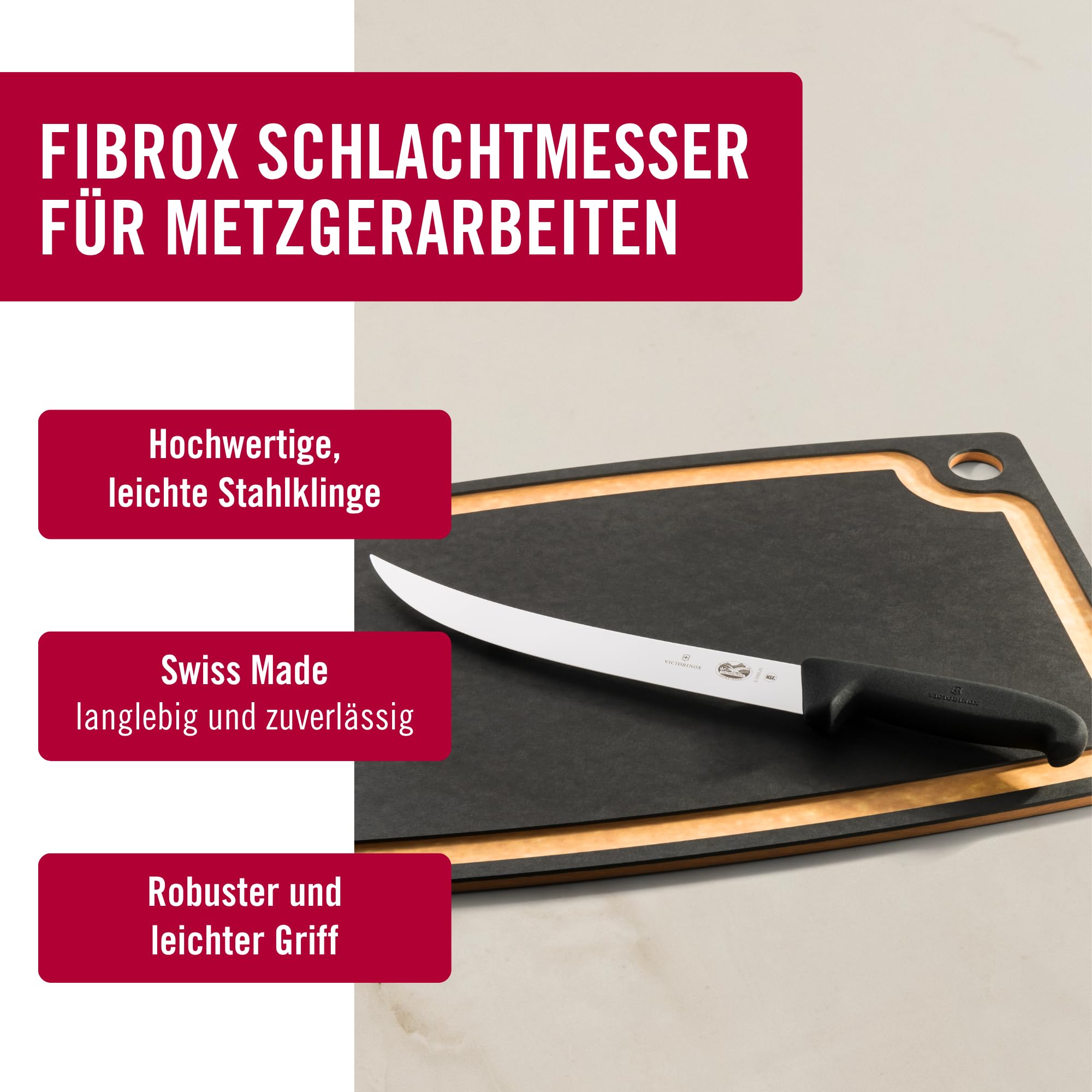 Victorinox Fibrox Schlachtmesser, Langes Zerlegemesser zum Zerteilen großer Fleischstücke, 25 cm, Gebogene Klinge, Scharf, Rostfreier Stahl, Schwarz