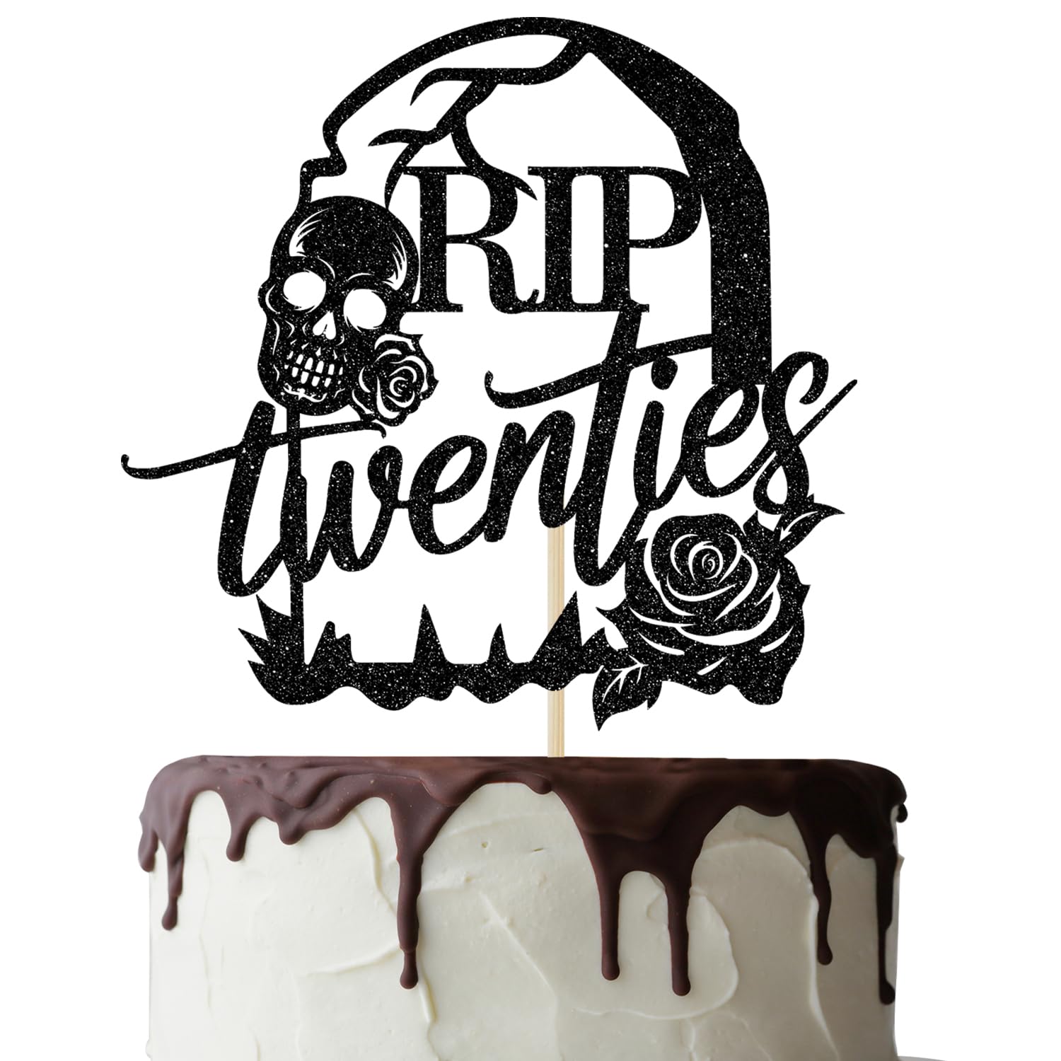 Topper Per Torta 30 Anni 'Rip To My Twenties' - Decorazione Glitterata Nero Con Bastoncino In Bambù - 4