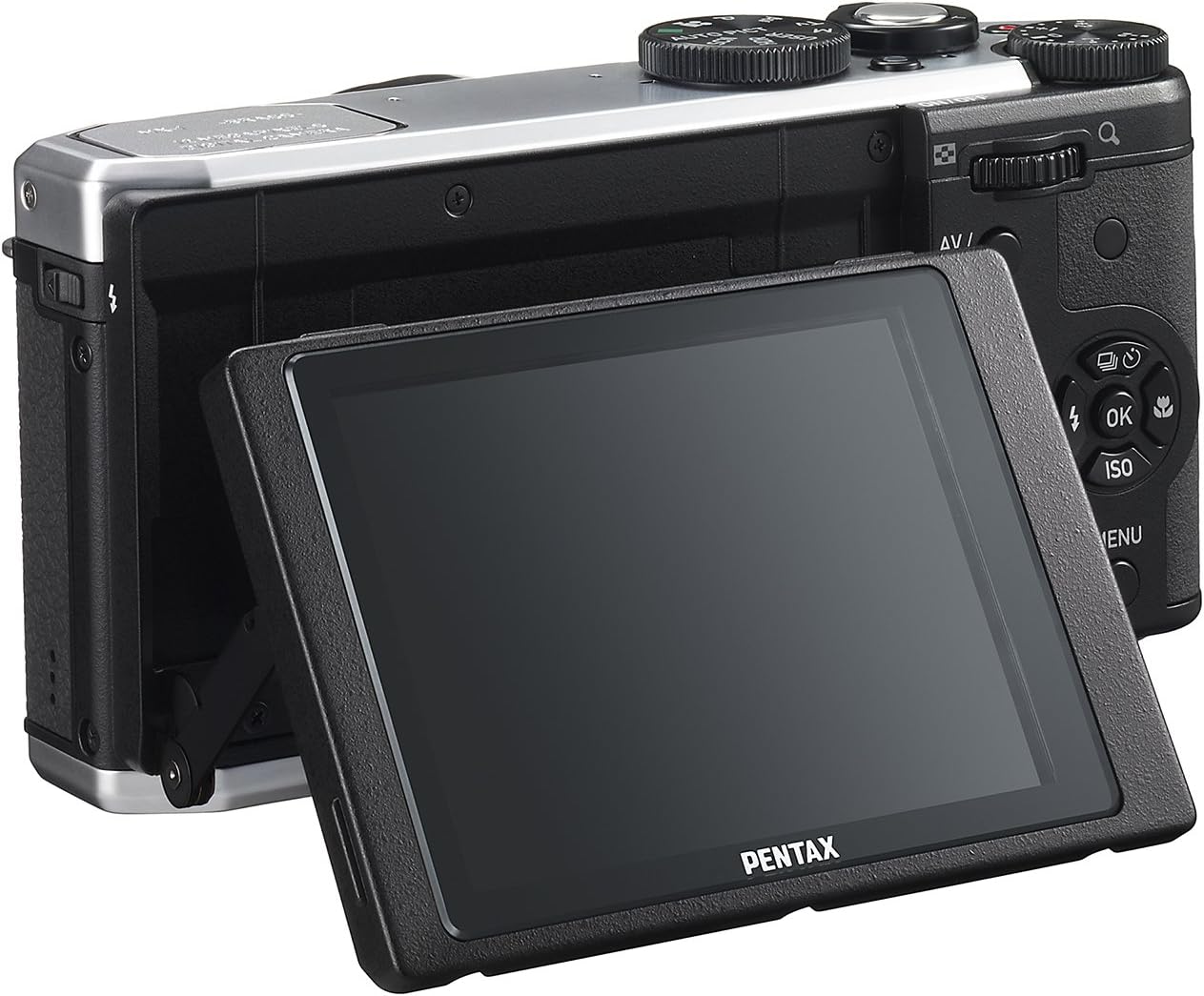 Pentax MX-1 Digital Camera, back view with tilting LCD screen