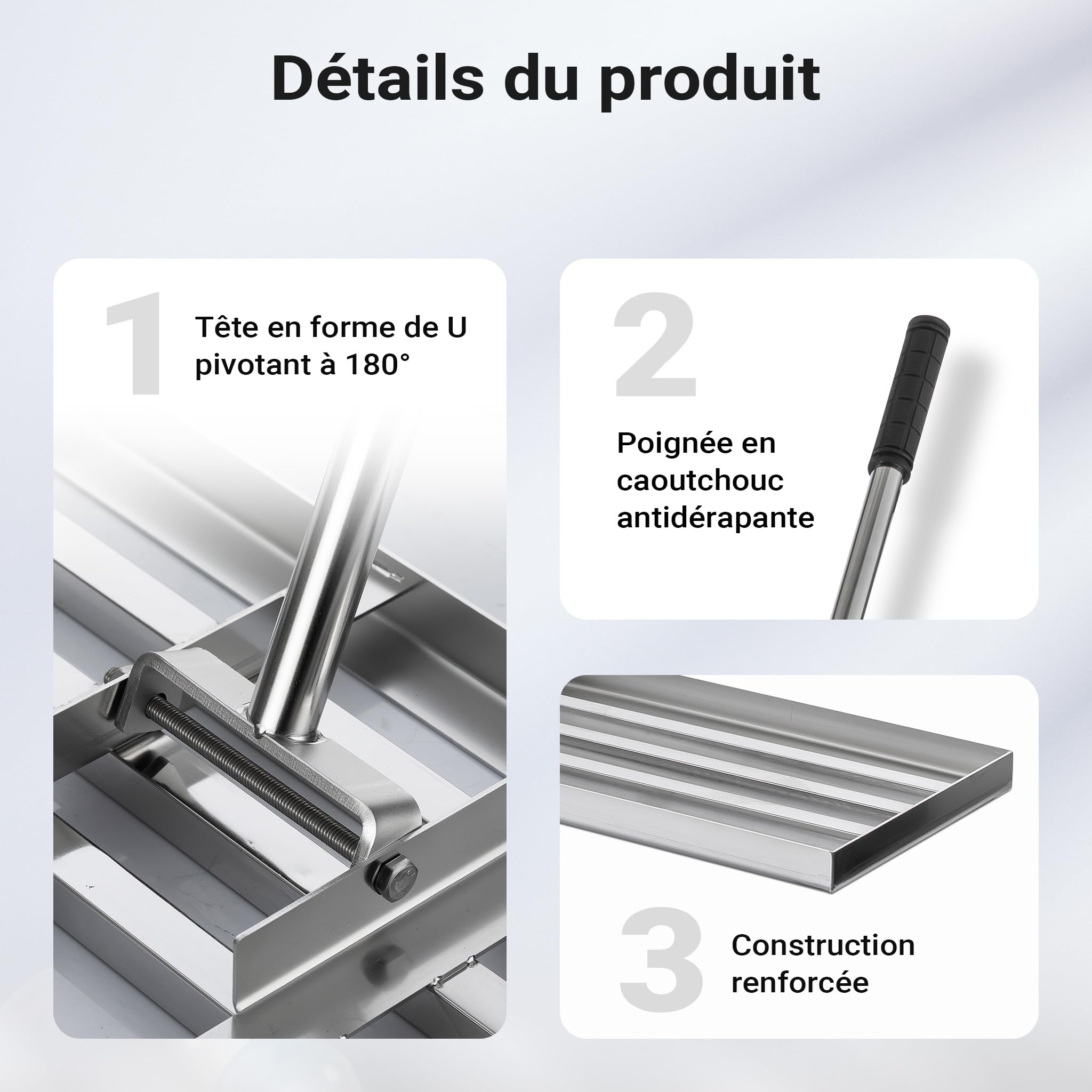 Wiltec Raclette de Gazon Taille M – 750 x 250 x 2000 mm – en Acier INOX – avec Manche 2 m – Grattoir de Jardin Râteau niveleur pour Sabler et Niveler