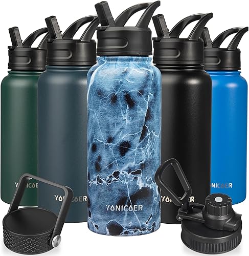YONICOER Botella de agua aislada con pajilla, termo de acero inoxidable de 32 onzas, vaso térmico de doble pared al vacío con 3 tapas a prueba de