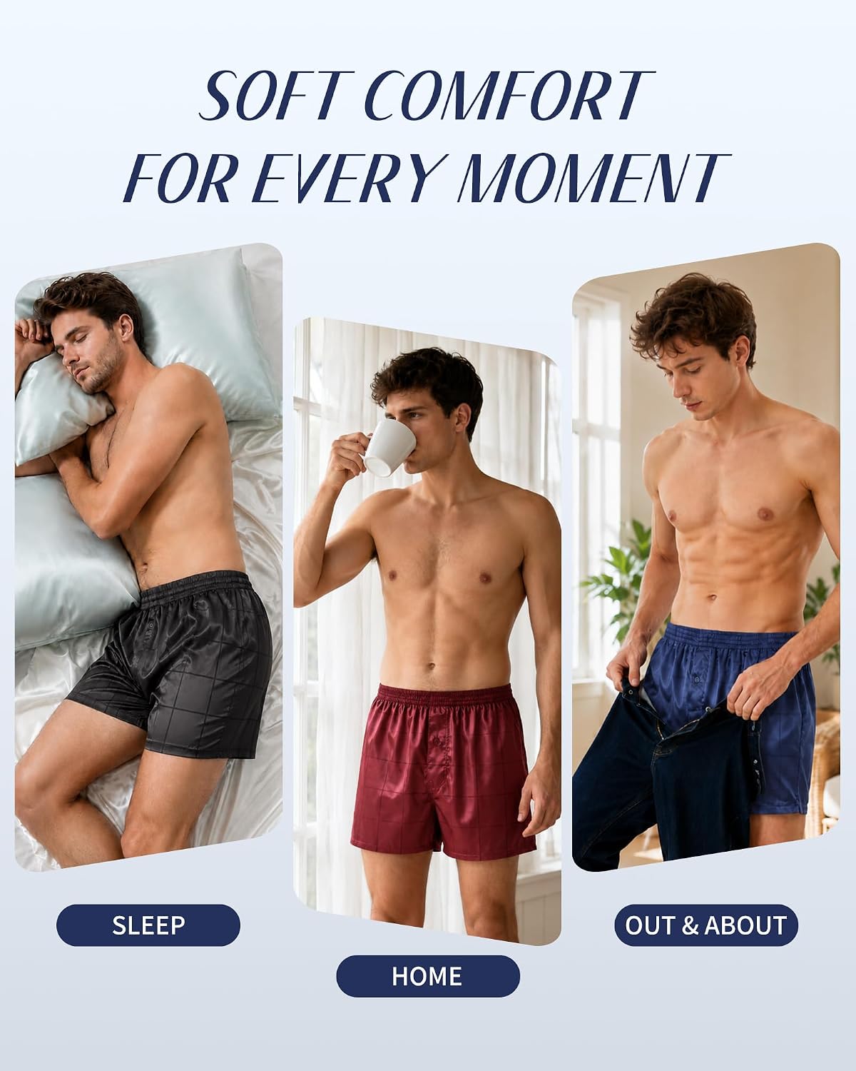 Men's Satin Boxers Pack Silky Boxer Shorts for Men, Silk Feeling Men's Underwear with Button Fly Pajamas Sleep Shorts
