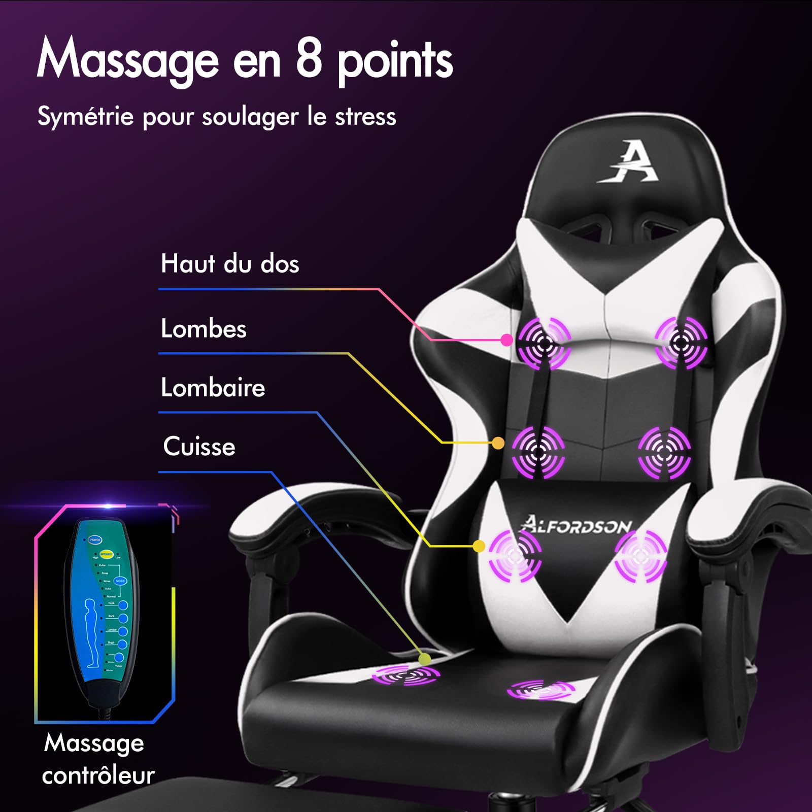 ALFORDSON Ergonomique Chaise Gaming Fauteuil Gamer Siège Bureau avec Massage et Repose-Pieds Rétractable, Inclinable 150°, Hauteur Réglable, 180 kg, pour Le Bureau à Domicile, Cuir PU,Blanc
