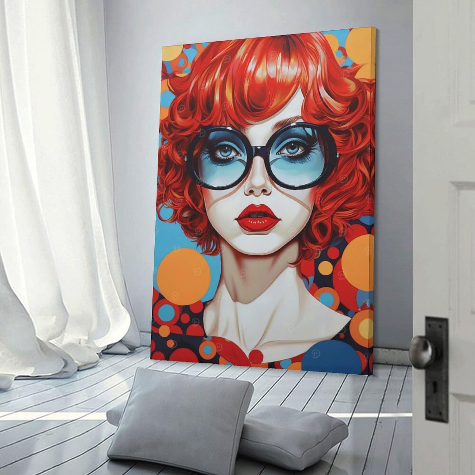 Junmoney Retro Girl with Glasses Portrait Hanging Wall Art 08x12inch(20x30cm), for Study, Office Or Focused Interiors, Wall Art That Adds Style to Work Areas