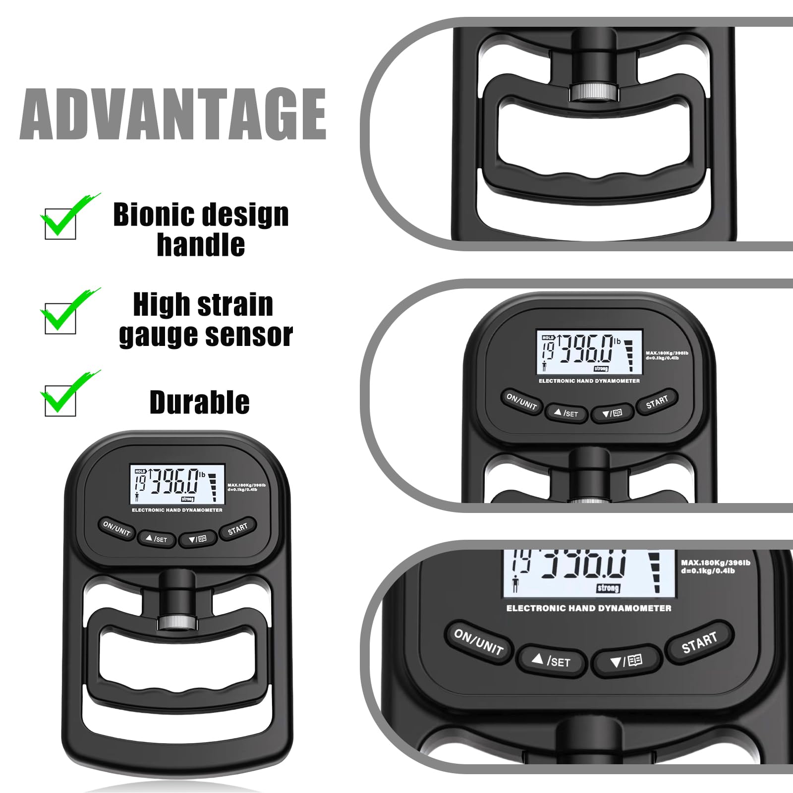 Medidor de fuerza digital manual, 396 lb/180 kg, color negro, dinamómetro de mano con cable de carga USB, gran pantalla LED