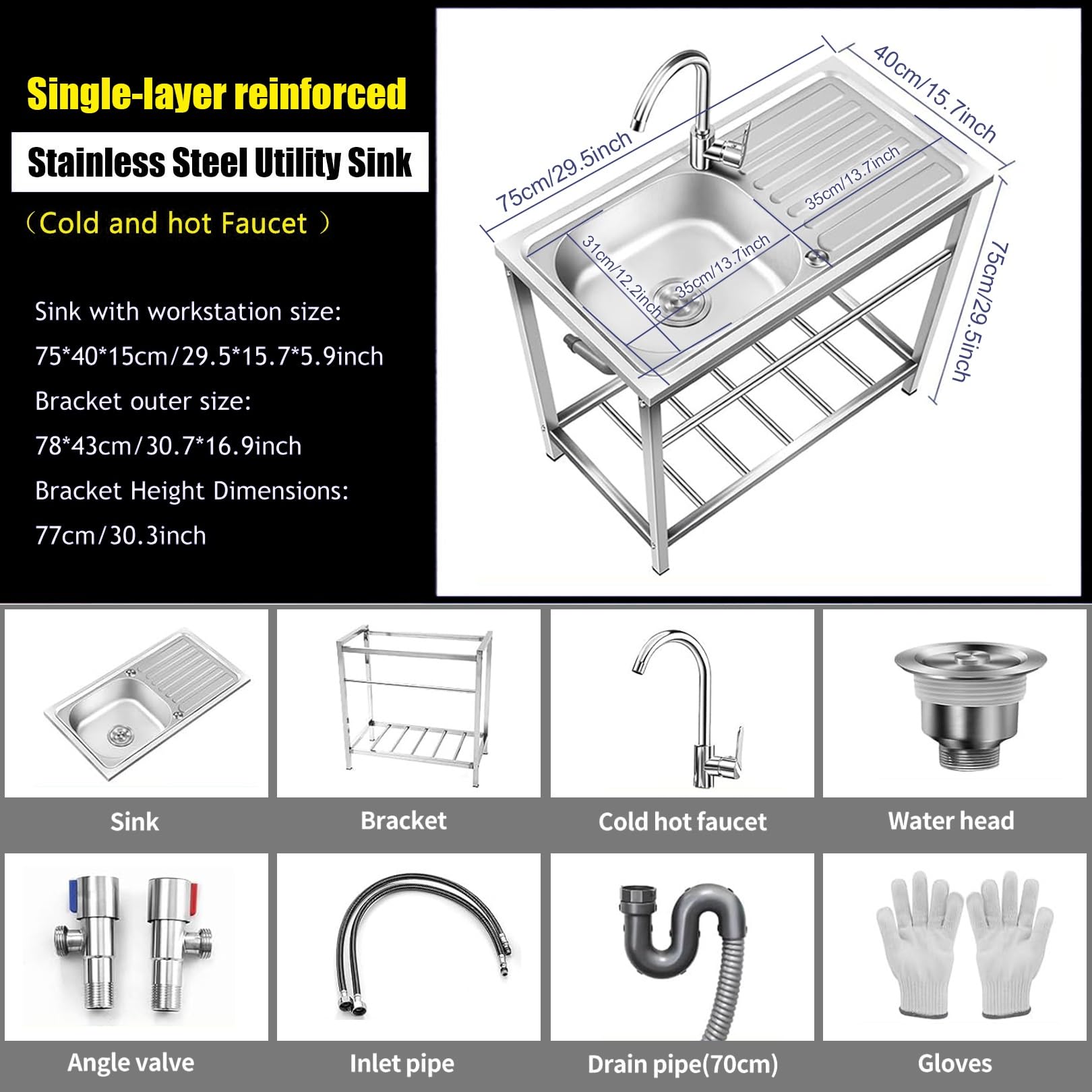 Lavabo Utilitario Autoportante, Acero Inoxidable 304, Fregadero de Cocina de Una Sola Cuenca con Grifo de Agua Caliente y Fría Fregadero Exterior para Jardín, Garaje o Lavandería(Single layer)