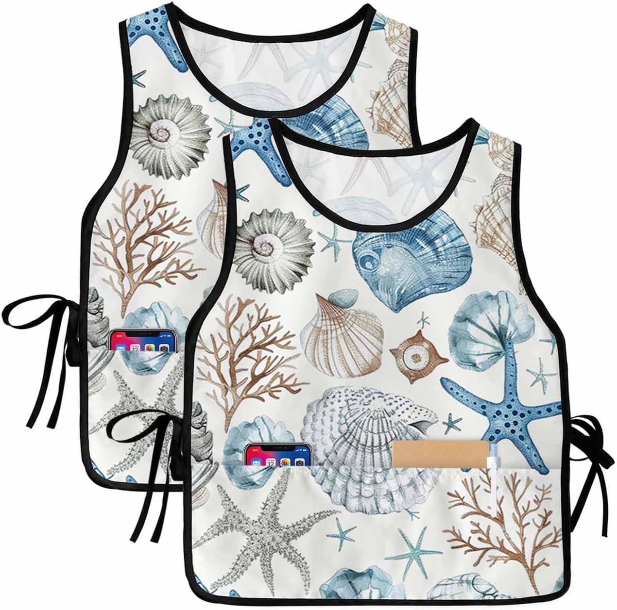 Blue Beige Coastal Cobbler Aprons with 2 Large Pockets, Summer Beach Starfish Shell Nautical Cobbler Smock Apron