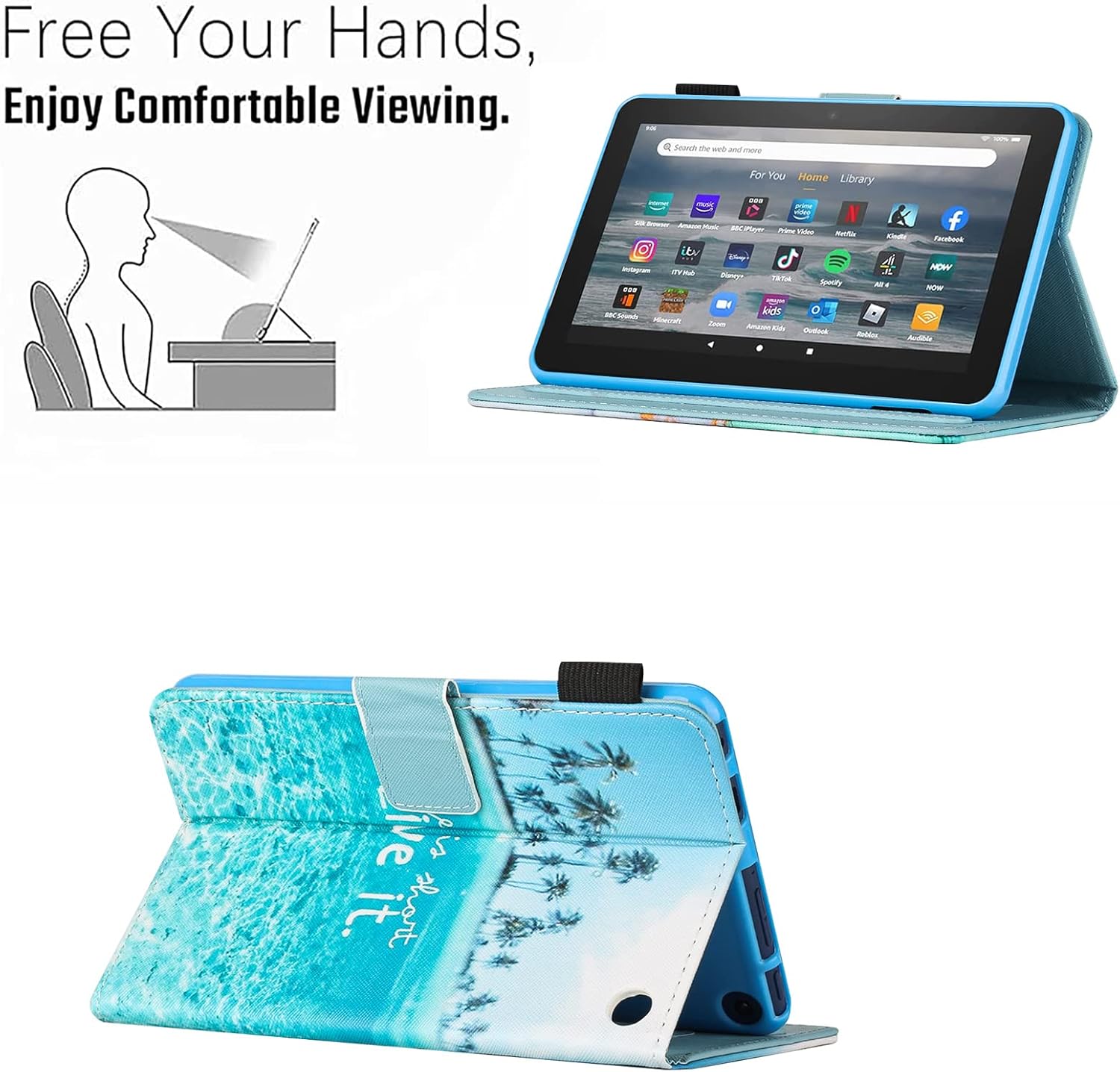 Amazon Fire HD 8 & 8 Plus Case (12th/10th 2022/2020 Release),Not Suitable for 7th/8th/9th Fire 8, Premium PU Leather Stand Cover with Smart Auto Wake/Sleep, Beach