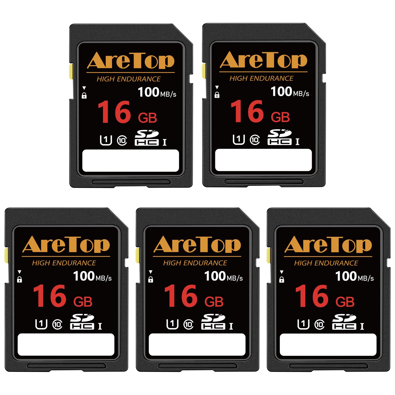 AreTop Lot de 5 cartes mémoire SD SDHC UHS-I Classe 10 16 Go Full HD pour appareils photo, reflex numériques, caméras d'action et caméra de trail 16 Go