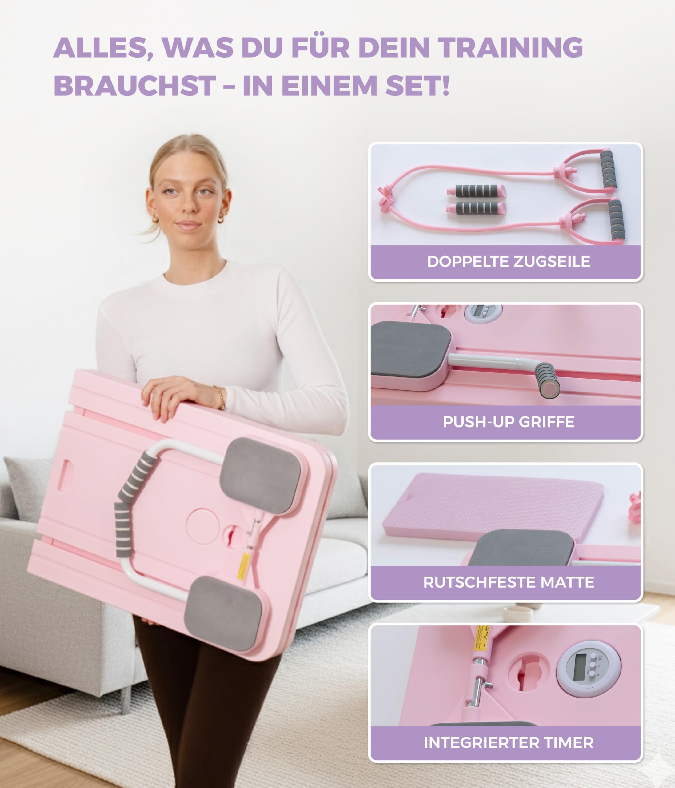 Yunik® Pilates Board | Faltbar & Kompakt | Ganzkörper Set mit Trainingsbändern Home Workout Pilates Reformer für Zuhause Trainer klappbar für Schulter Bauch Arme