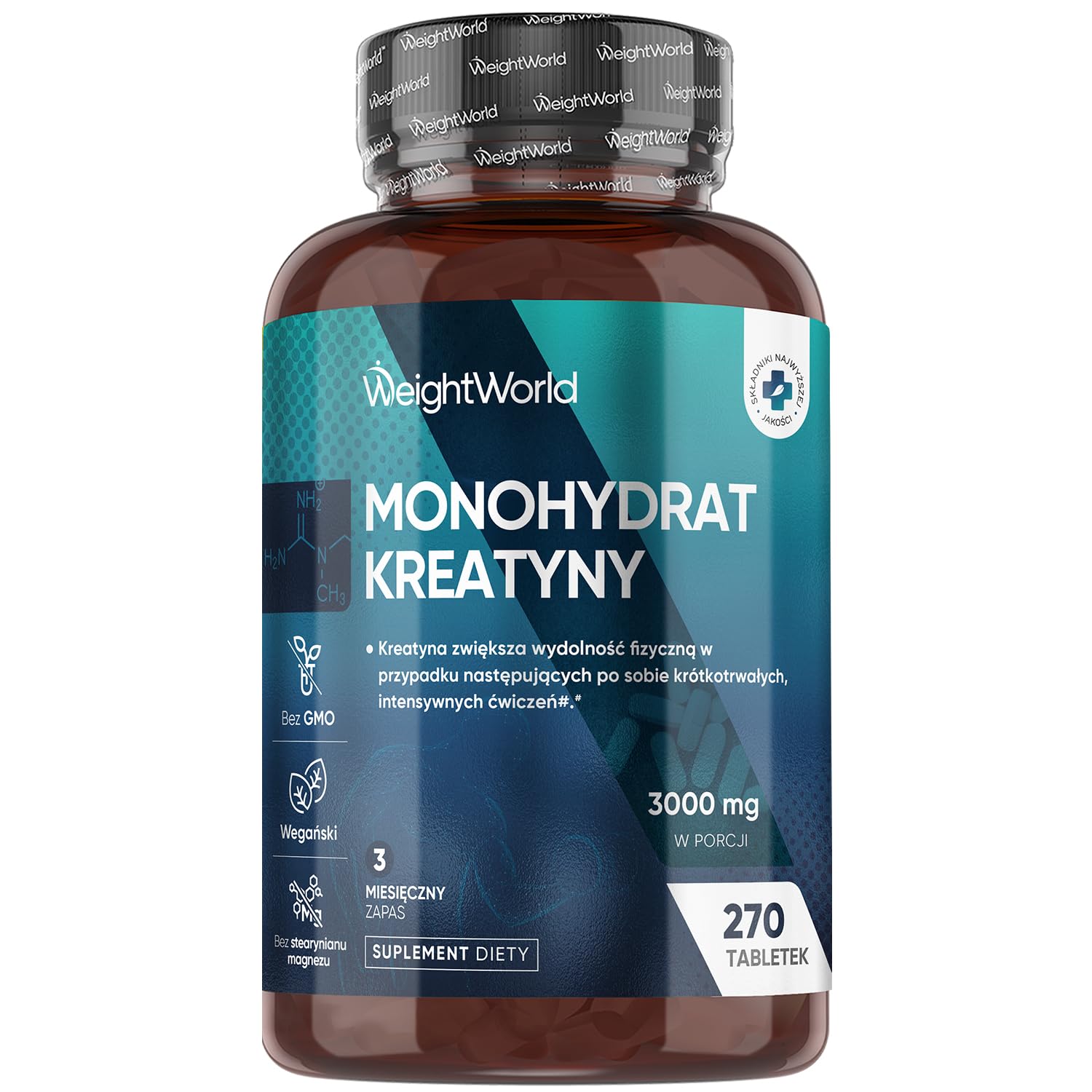 Monohydrat kreatyny 3000 mg – 270 wegańskich tabletek kreatyny, zapas na 3 miesiące – suplement diety dpowiedni dla wegan, 3 tabletki dziennie, bez GMO, laktozy i stearynianu magnezu