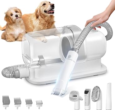 Grooming Kit with 2.3L Vacuum Suction 99% Pet Hair, Pet Grooming Vacuum Low Noise with 5 Tools and 4 Different Lengths Clipper Guards for Dog Cat White