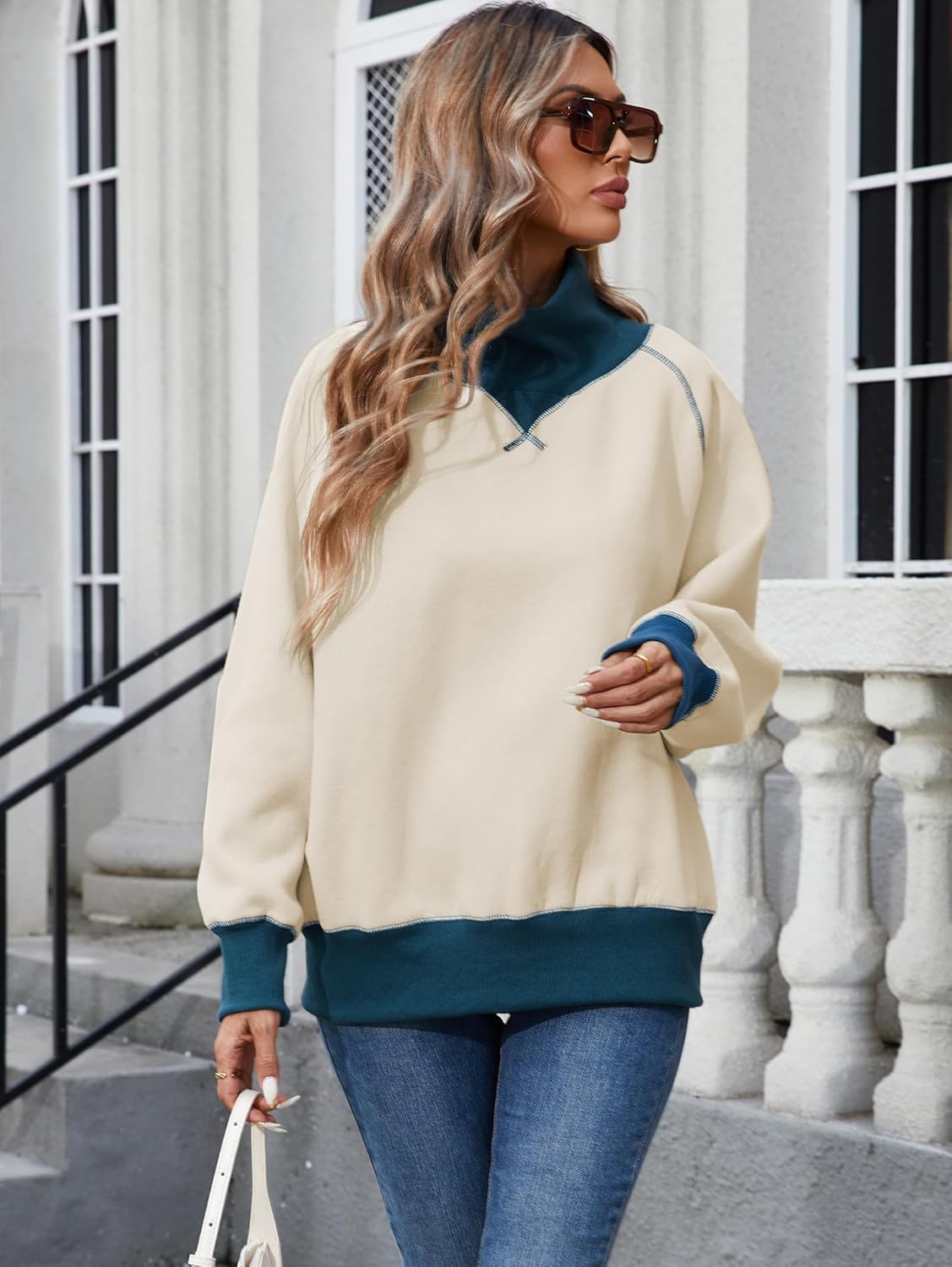 Famulily Womens Oversized Sweatshirt Soft Raglan Sleeve Turtleneck Pullover Colorblock Fall Clothes For Ladies Tops - Image 3