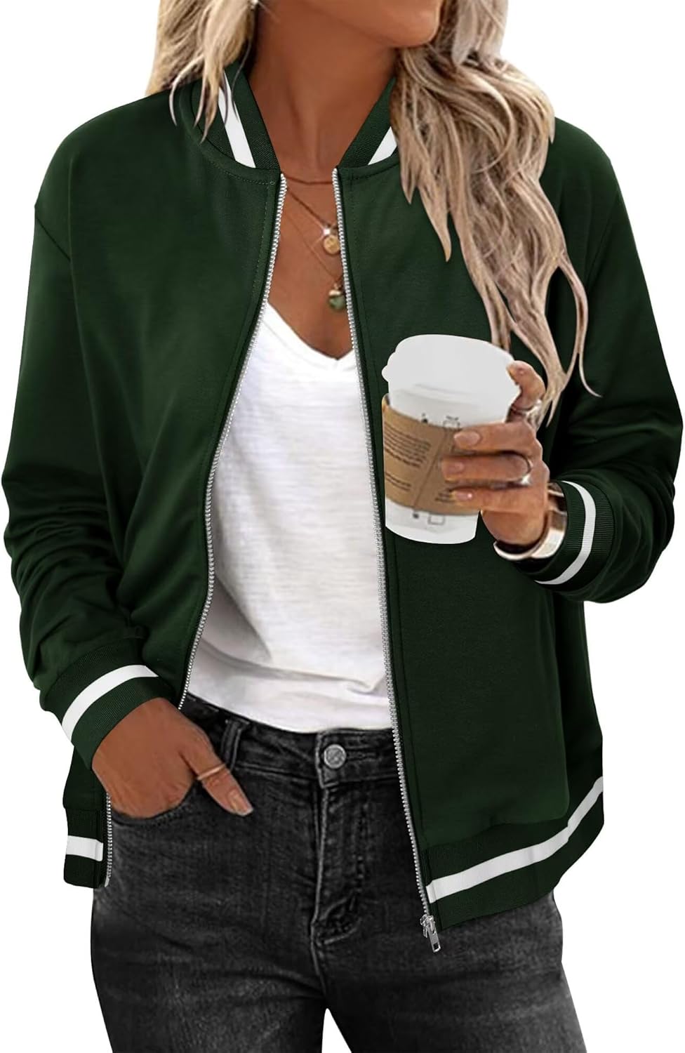 KISSMODA Women Windproof Jacket Zip Up Overcoat Lightweight Casual Long Sleeve Coat Fall Fashion Outfits with Pockets S-XXL