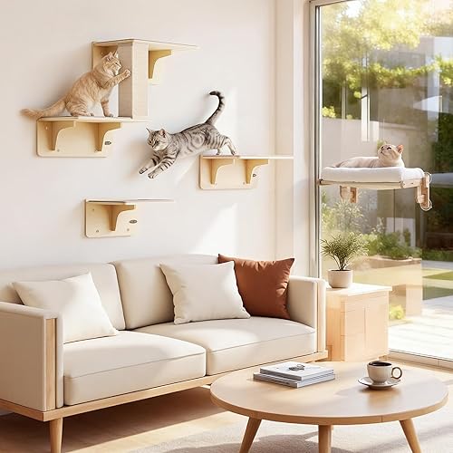 Miniatura 8 de Pecute Percha plegable para ventana para gatos, cama para gatos suave como la nube con marco de madera maciza, ventosa fuerte, cojín lavable, hamaca