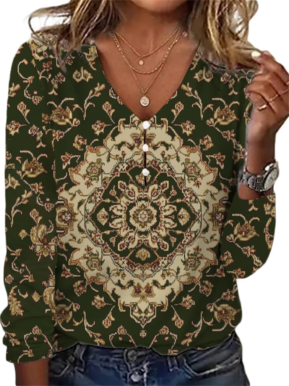 ZOCANIA Bohemian Tops for Women Button Up Floral Shirts Long Sleeve Blouses V Neck Boho Clothing Casual Plus Size Tunics