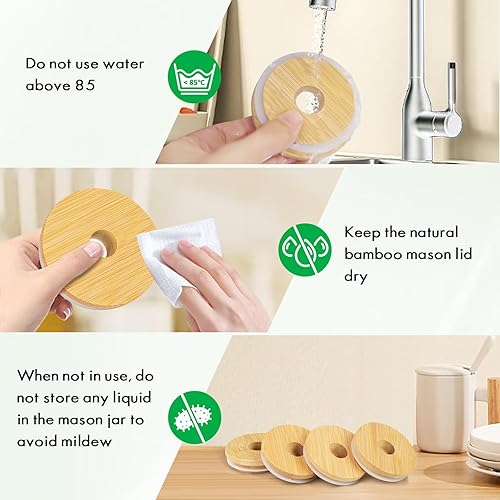 Miniatura 3 de SBMKK Tapas de bambú de 3.386 in con agujero para pajilla, tapas de bambú para beber tarros de masón de boca ancha (boca ancha, 3 piezas)
