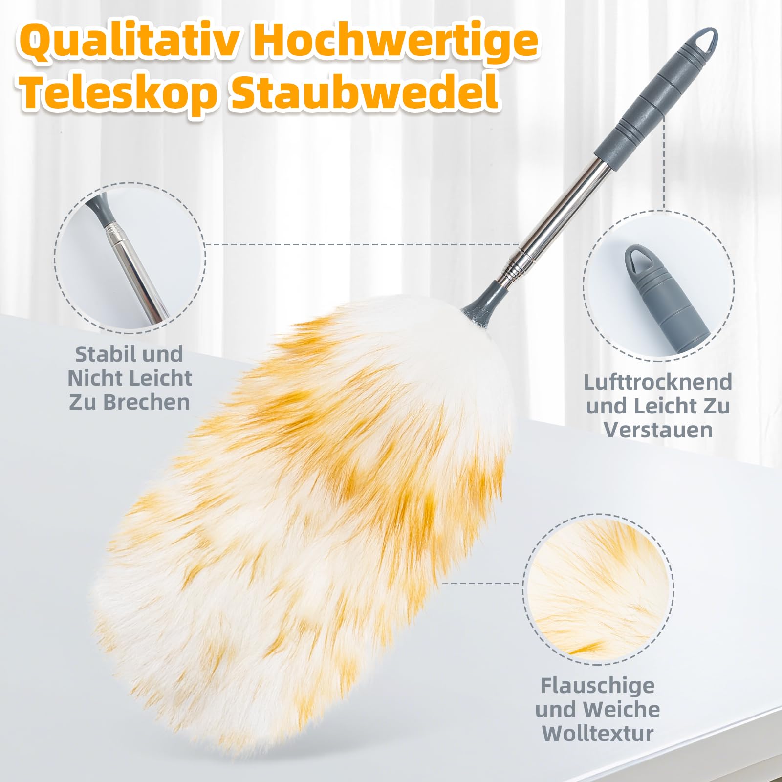 Loveco Staubwedel, Hochwertiger Lammwolle Staubwedel Teleskop Waschbar, Ausziehbar bis ca. 130 cm – Elektrostatische Staubaufnahme für Decken & empfindliche Oberflächen, kratzfreies Entstauben