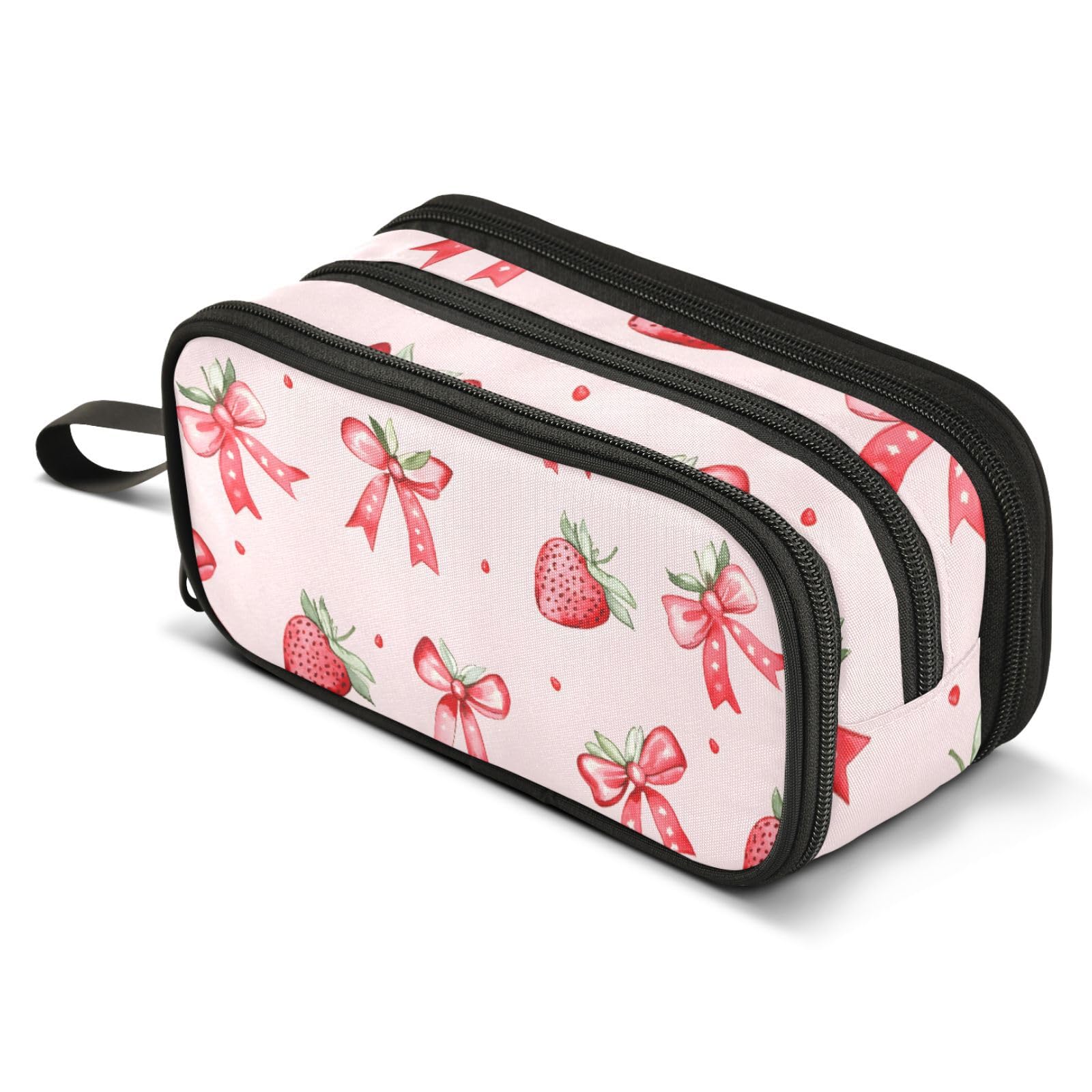 Mnsruu Strawberries Bows Pink Pencil Case Large Capacity Pen Bag Girls Boys Pencil Pouch Stationery Organizer Holder Zipper Pen Case for School Office