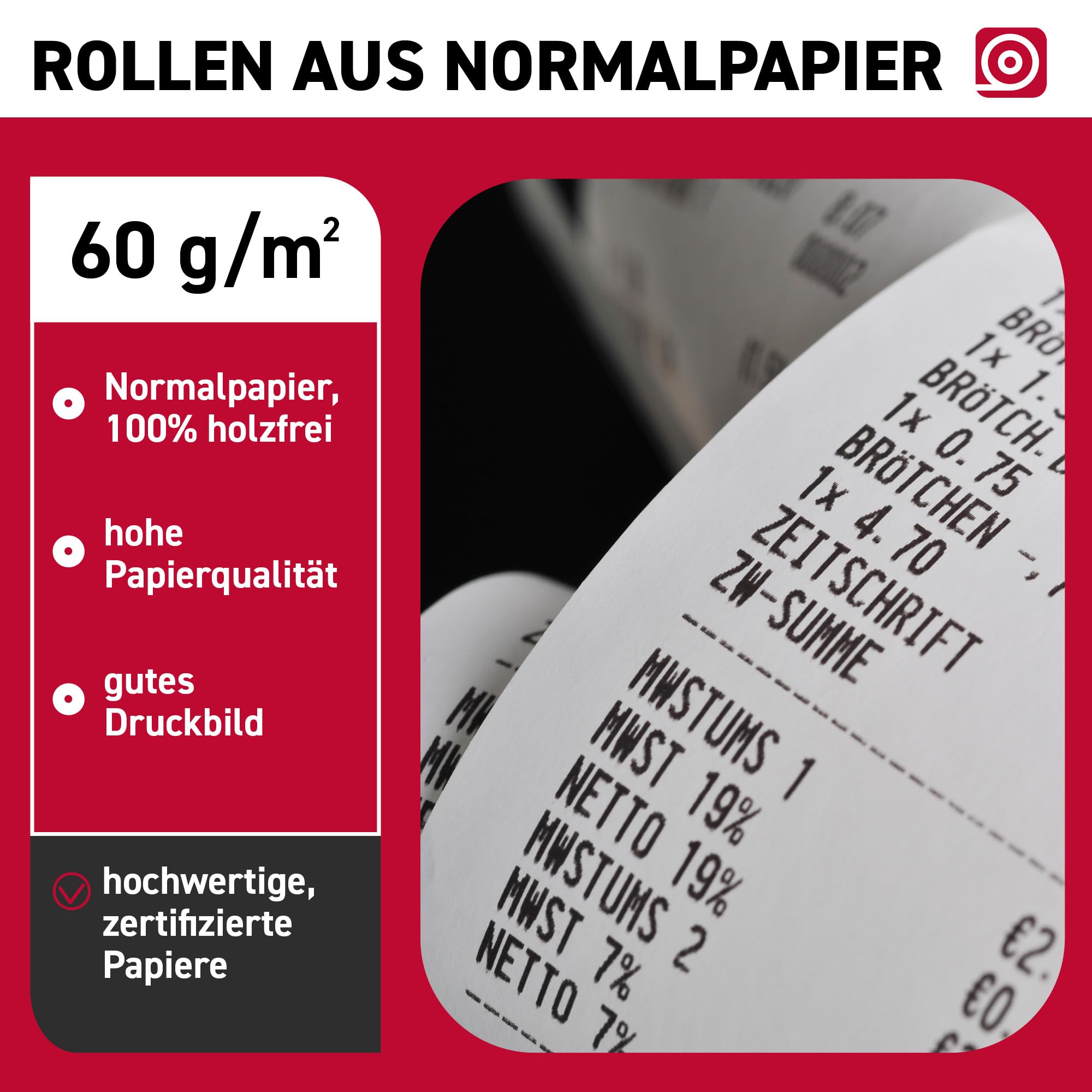 Additionsrolle (76mm × 60m × 12mm) – holzfreies Normalpapier – 50 Kassenrollen 80mm – ideal für Apotheken & Arztpraxen, Epson TM-J7700, Nadeldrucker, Tischrechner & Rechenmaschinen