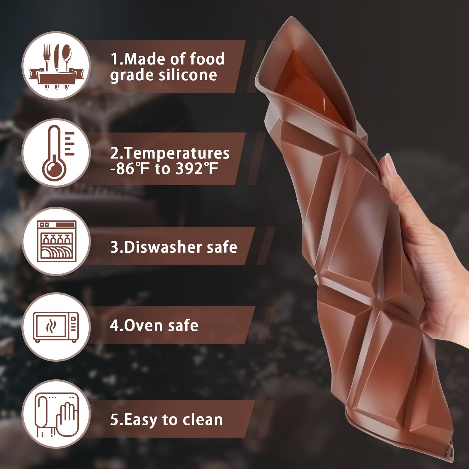 3 stuks chocoladevorm, siliconen vorm voor chocolade, diep, met schraper en anti-aanbaklaag, BPA-vrij, met 100 cm hangkabel