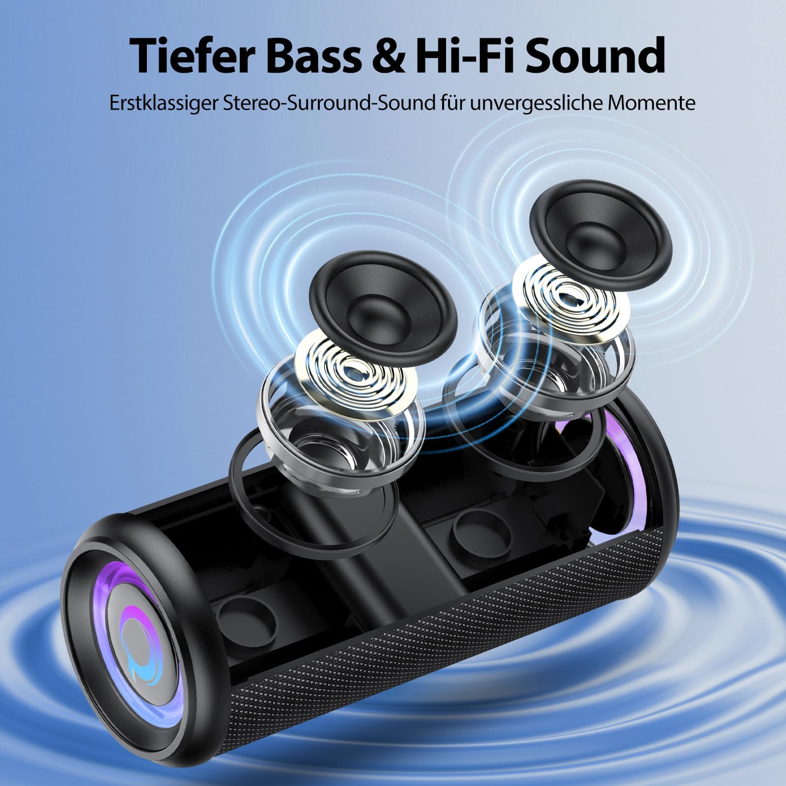Bluetooth Lautsprecher, 2026 Musikbox Bluetooth 5.4 mit RGB Licht, Tragbare Bluetooth Box, Freisprechfunktion, IPX7 wasserdicht, kraftvoller Sound für Outdoor, Garten und Reisen