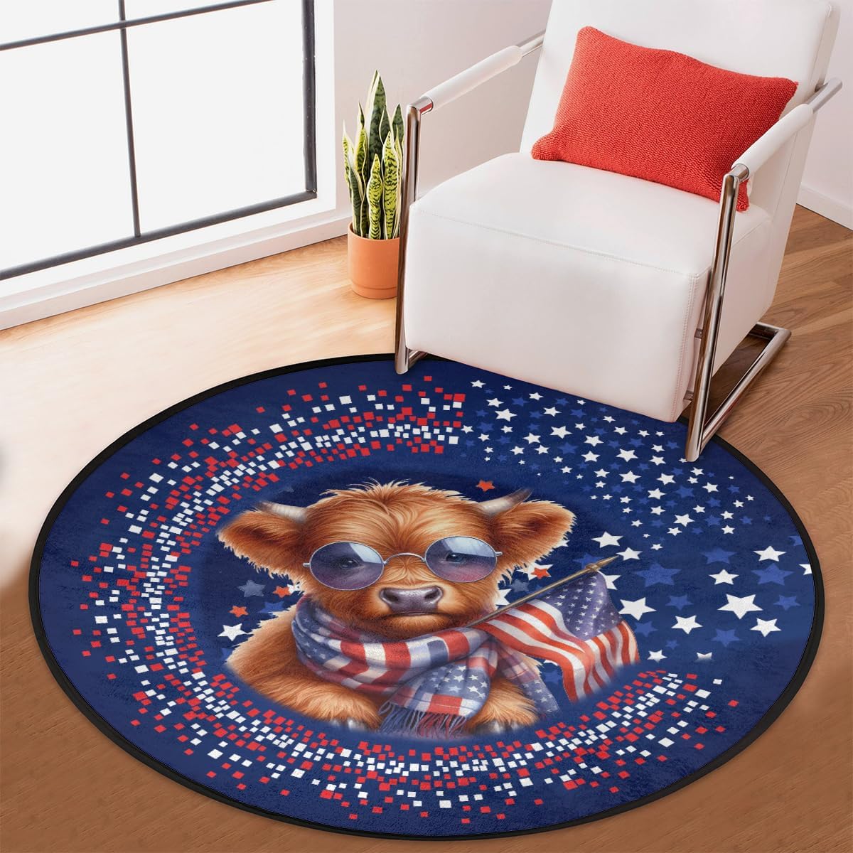 Round Rug 3ft Independence Day Cattle Indoor Circle Area Circle Rugs Washable Non-Slip Bedside Indoor Doormat for Living Room Bedroom Playroom Nursery Room Decor Carpet Mat Splat Mat for High Chair