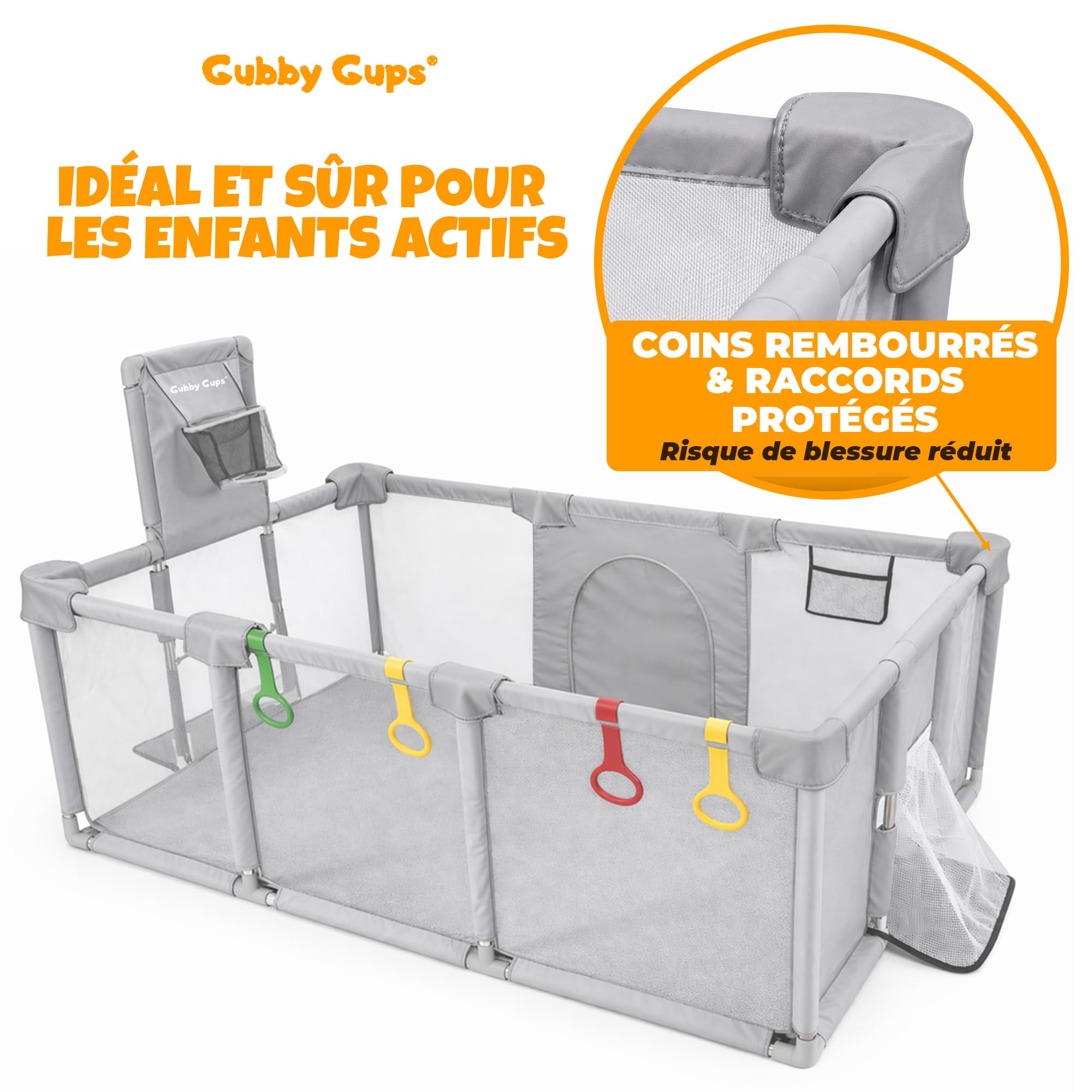 Parc bébé XXL 180x122 cm avec panier de basket et but de football – Aire de jeu sécurisée pour bébé et enfant – Filet respirant, anneaux de motricité et structure stable – Gubby Gups