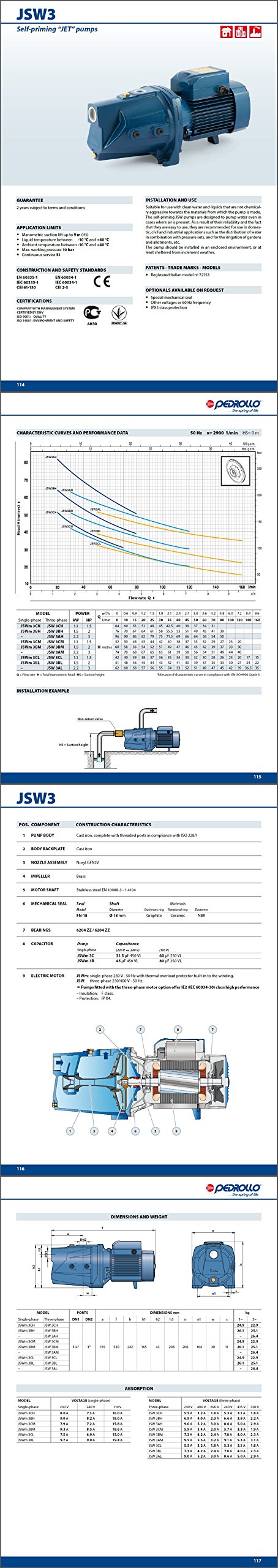 Self Priming JET Electric Water Pump JSWm3BH 2Hp 240V Pedrollo JSW