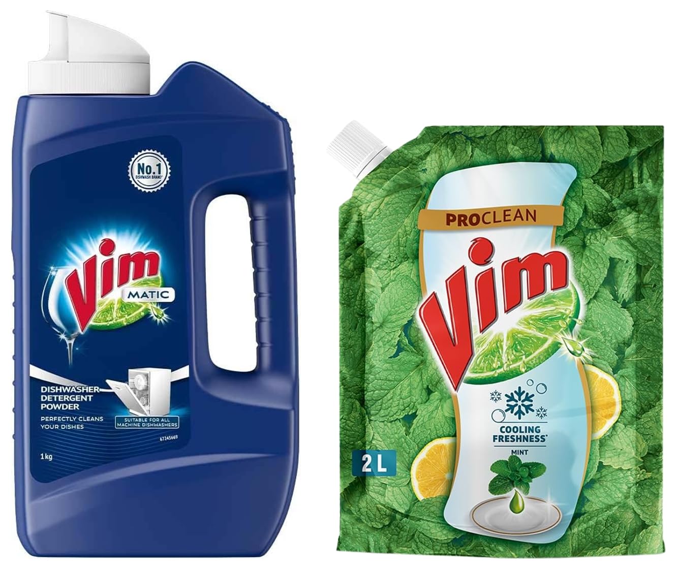 VIM Dishwash Anti Smell Liquid, Pudina, 2 Ltr& Matic Dishwash Detergent Powder, 1 Kg Suitable For All Dishwashers With Powerful Enzymes To Cut Through Grease And Tough Stains