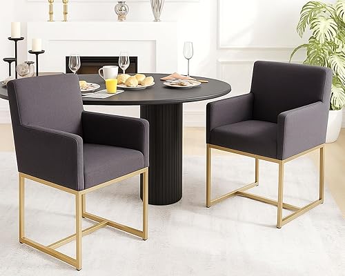 Miniatura 8 de Juego de 2 sillas de comedor tapizadas modernas de mediados de siglo con brazos, sillas decorativas de piel sintética con marco de metal con acabado