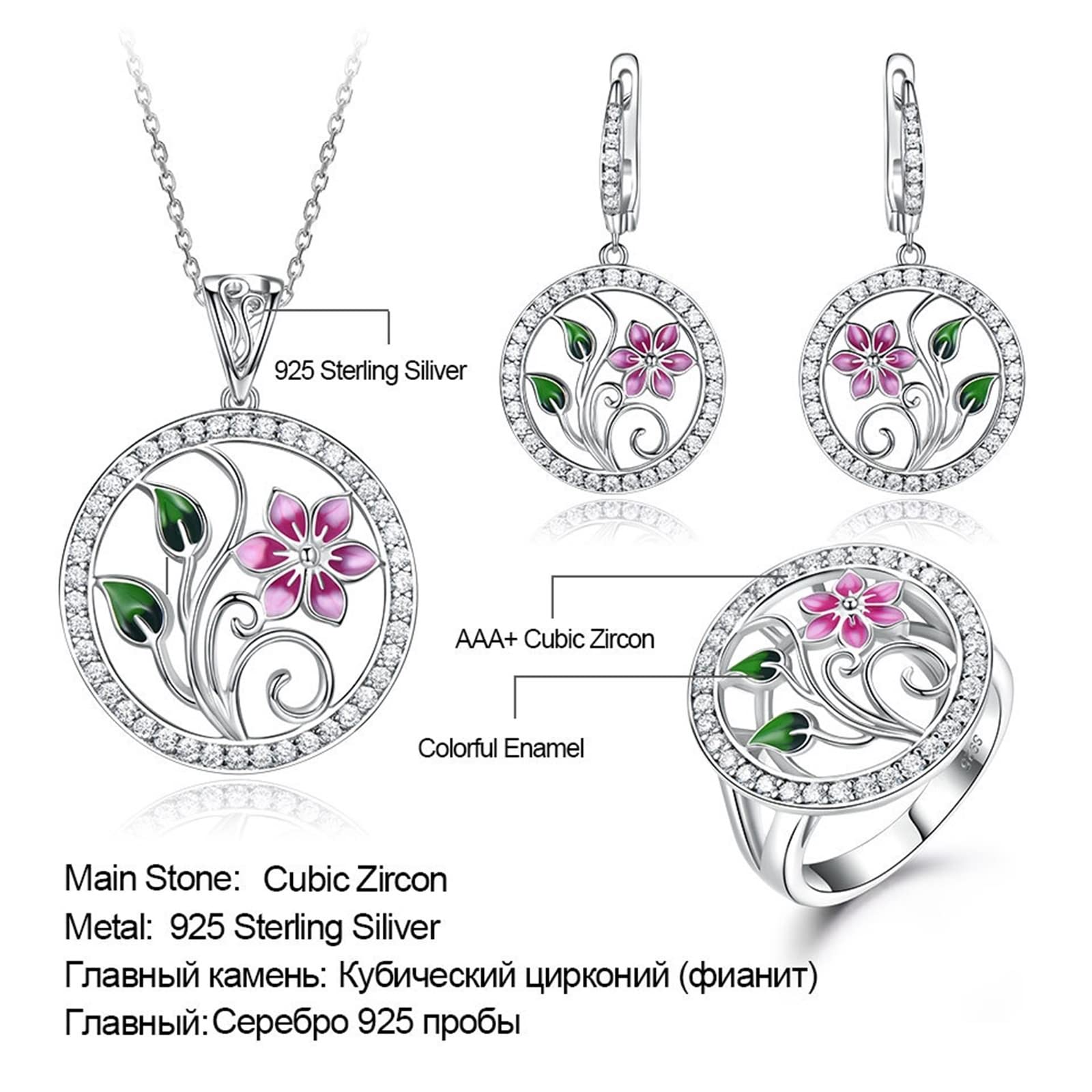 Set di gioielli in argento 925 per le donne, set di gioielli rosa CZ per le donne smalto fiore orecchino collana e anello Lady Jewelry Set, 40+5 CM, Metallo Argento sterling Gemma, Zirconia cubica