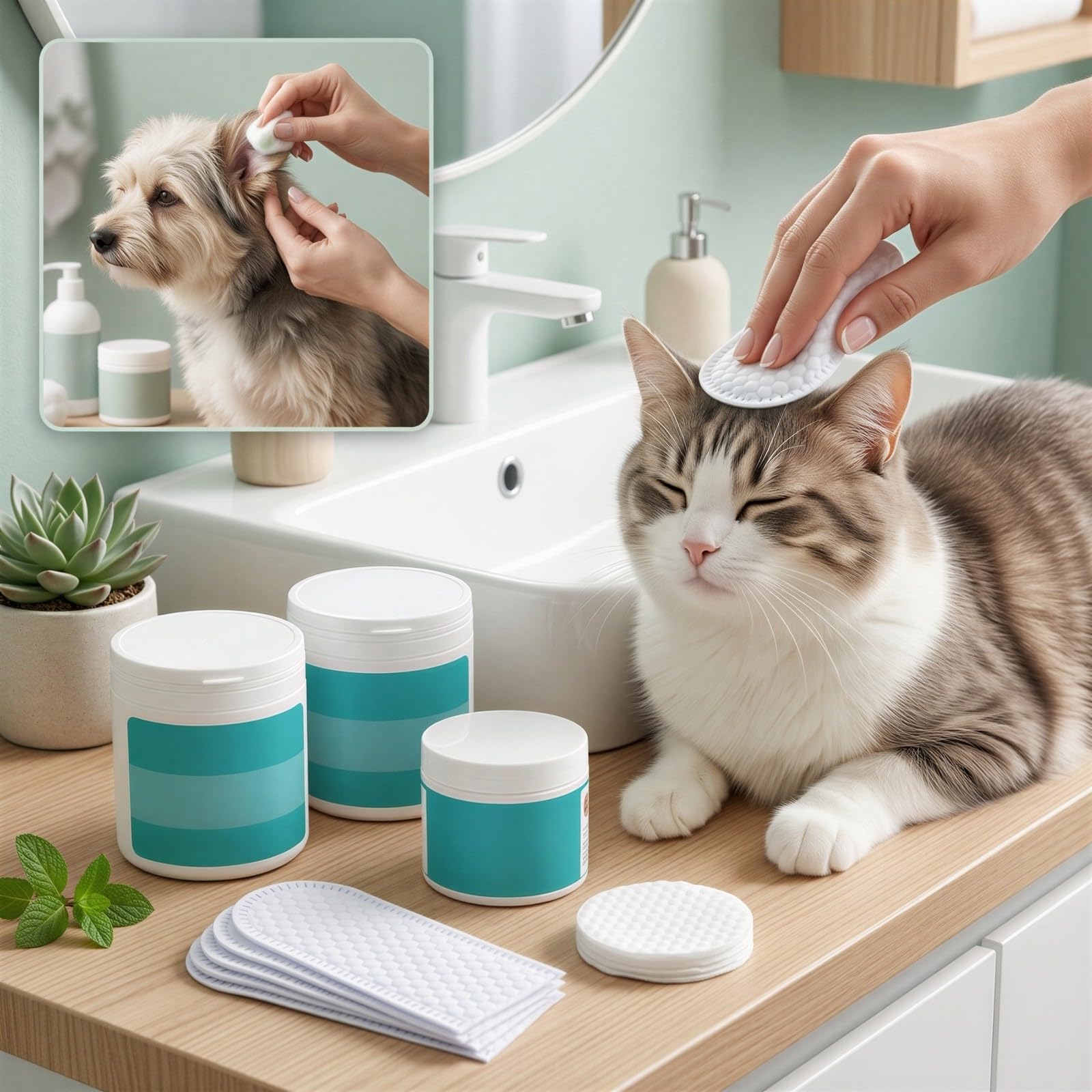 Lingettes pour yeux, oreilles et dents pour animaux, lot de 100 pads pour les yeux, 50 lingettes doigt pour les oreilles, 50 pads pour les dents, contenants 2,8 x 2,8 x 2,4 in et 3,0 x 2,0 x 3,3 in,