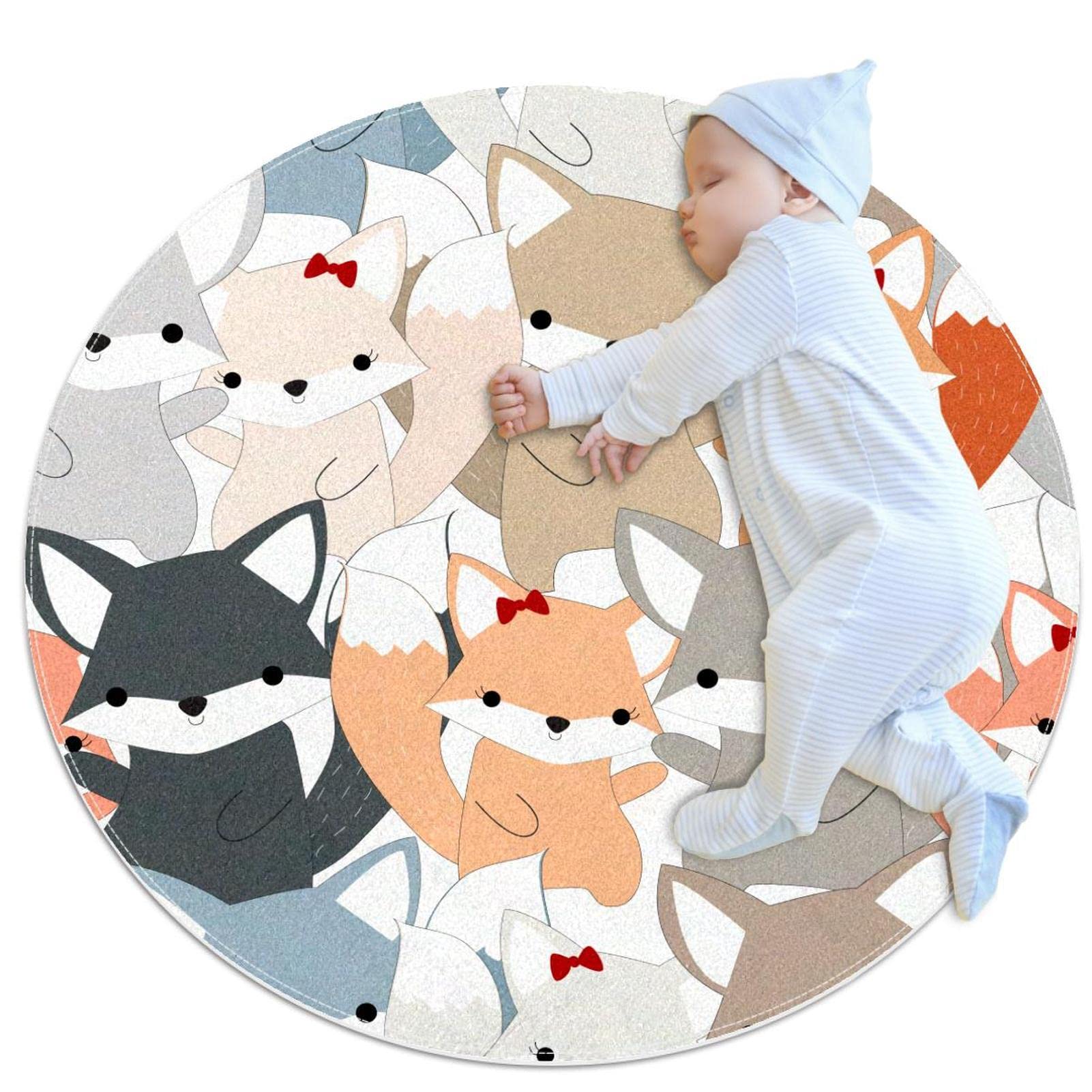 Tapis rond renard et oiseau floral anti-dérapant 100x100cm pour le salon