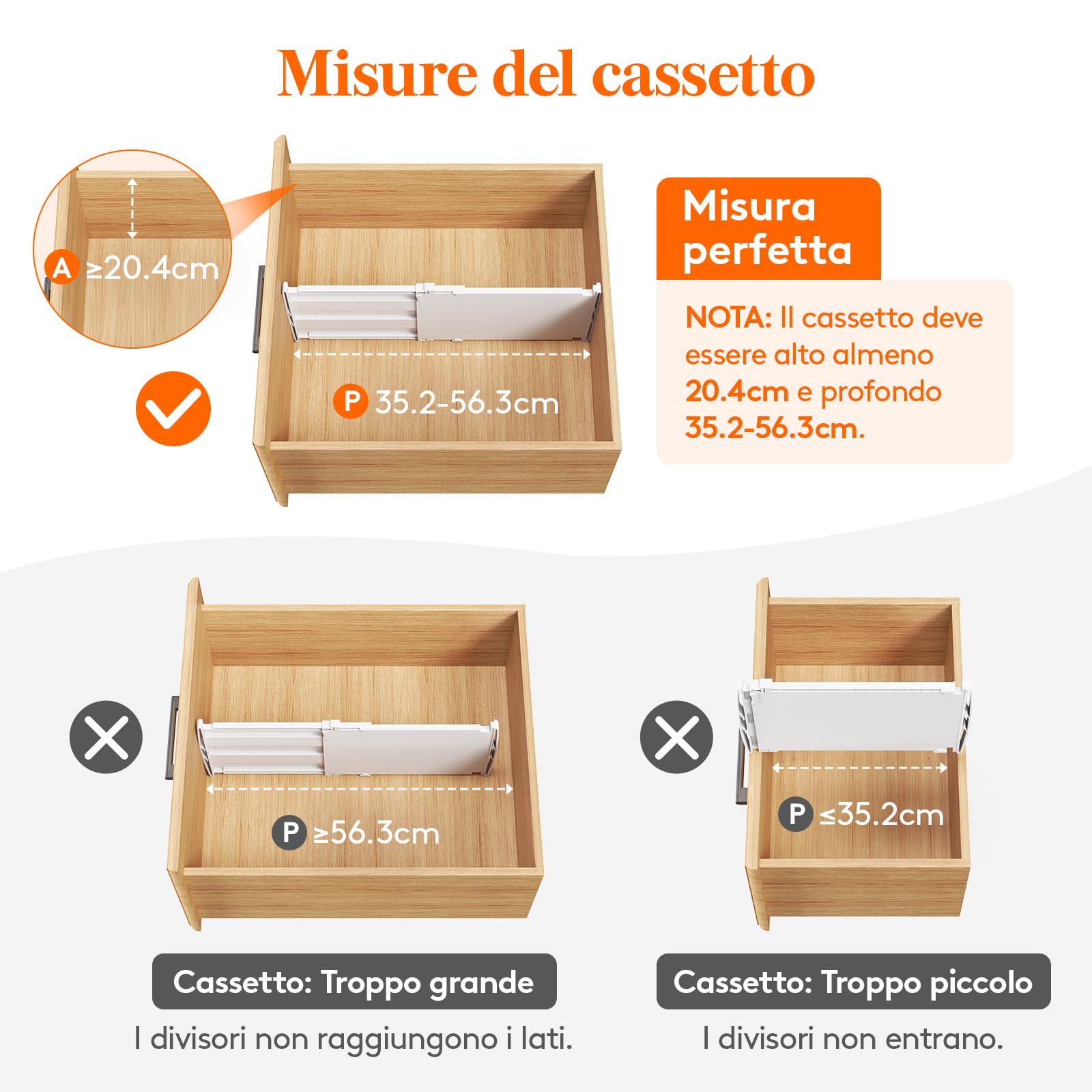 Lifewit Divisori per Cassetti Regolabili, Organizer per Armadio Salvaspazio, Separatore per Armadio, Cucina, Camera da Letto, Confezione da 8, Altezza 20.5 cm, 35-55 cm, Bianch