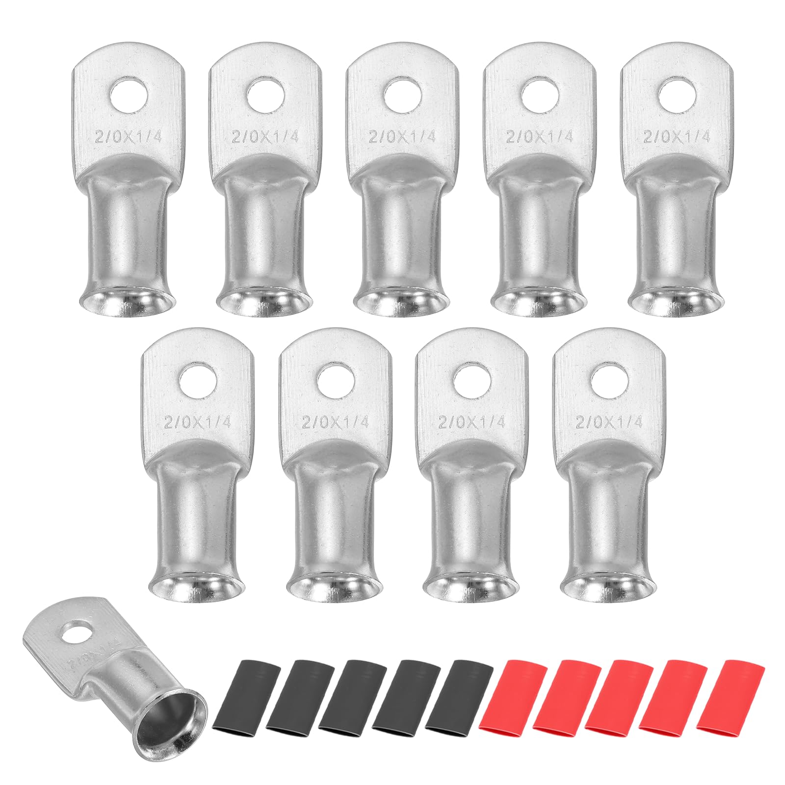 sourcing map 10pcs 2/0 AWG M6 Battery Lugs Ring Terminals, 1/4" 6mm Stud Crimp Wire Terminal Connector End Copper, 2:1 Heat Shrink Tubing, Silver