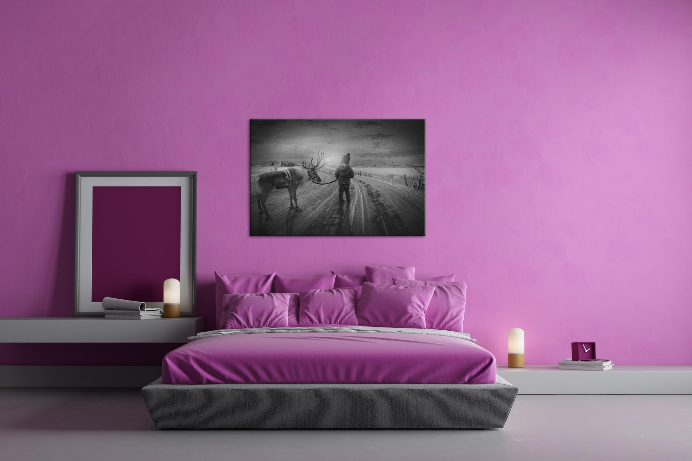 deyoli Viaje de invierno con un reno. Formato: 90 x 60 cm. Efecto: negro/blanco como lienzo, diseño enmarcado sobre marco de madera auténtica, impresión digital de alta calidad con marco