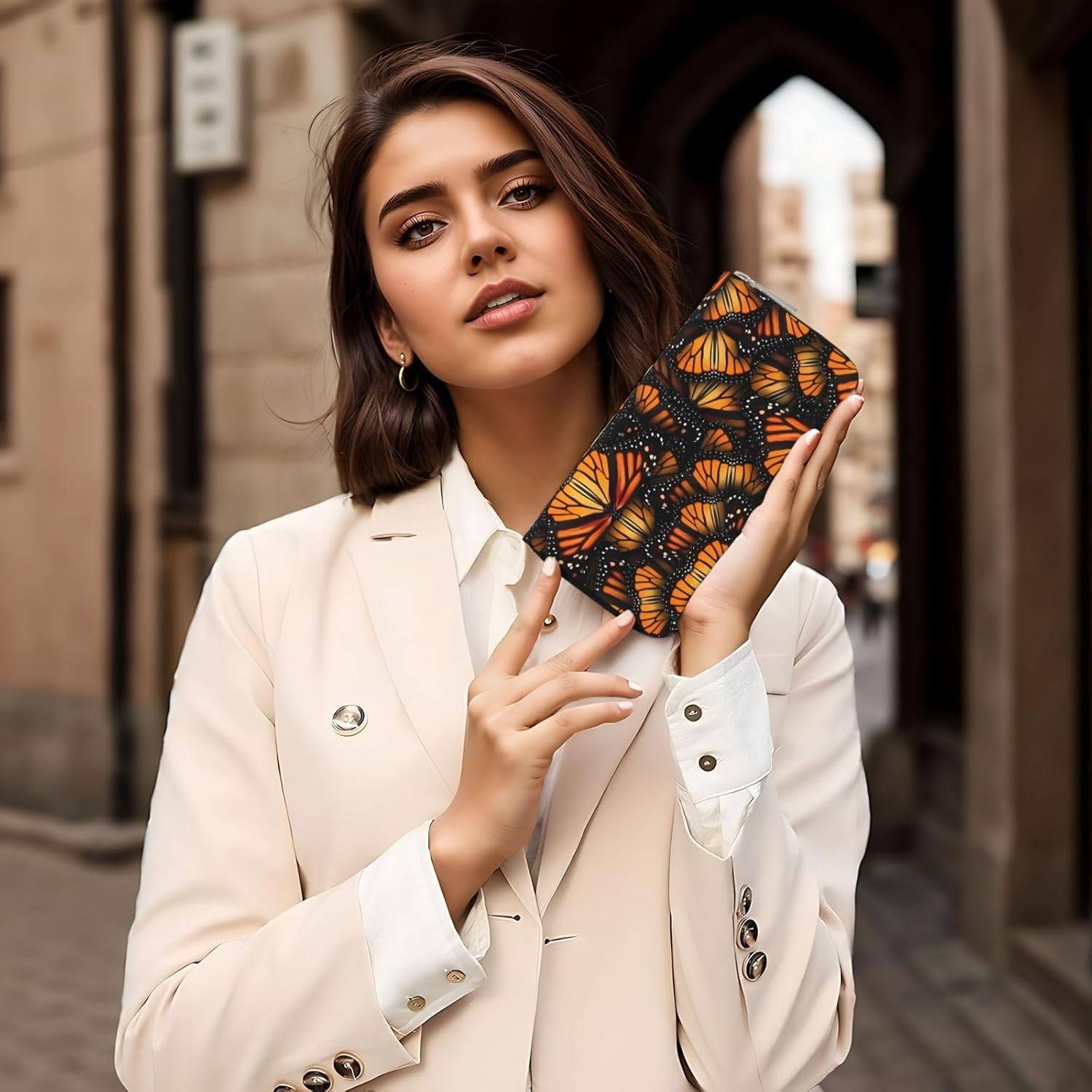 Orange Monarch Butterflies Wallet for Men Women Elegant Long Clutch Zip Around Travel Leather Coin Purse Large Capacity Credit Card Holder Handbag