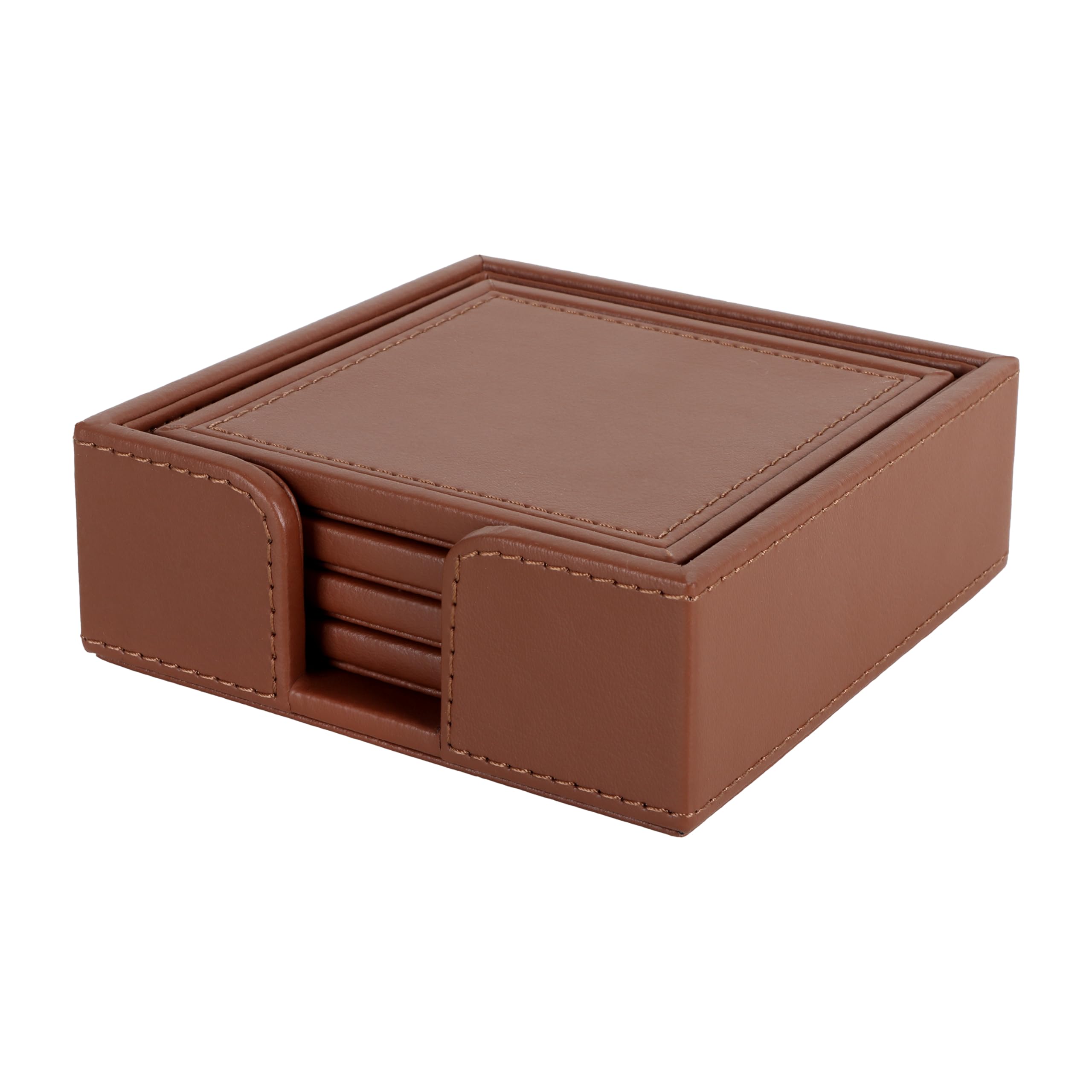 Premium Vegan Leather Coaster | Set of 4 Coasters with Holder for Dining Table, Office Desks for Tea Cups, Coffee Mugs, Glasses| Durable & Long Lasting | Decor Accessories | Tan-image-14