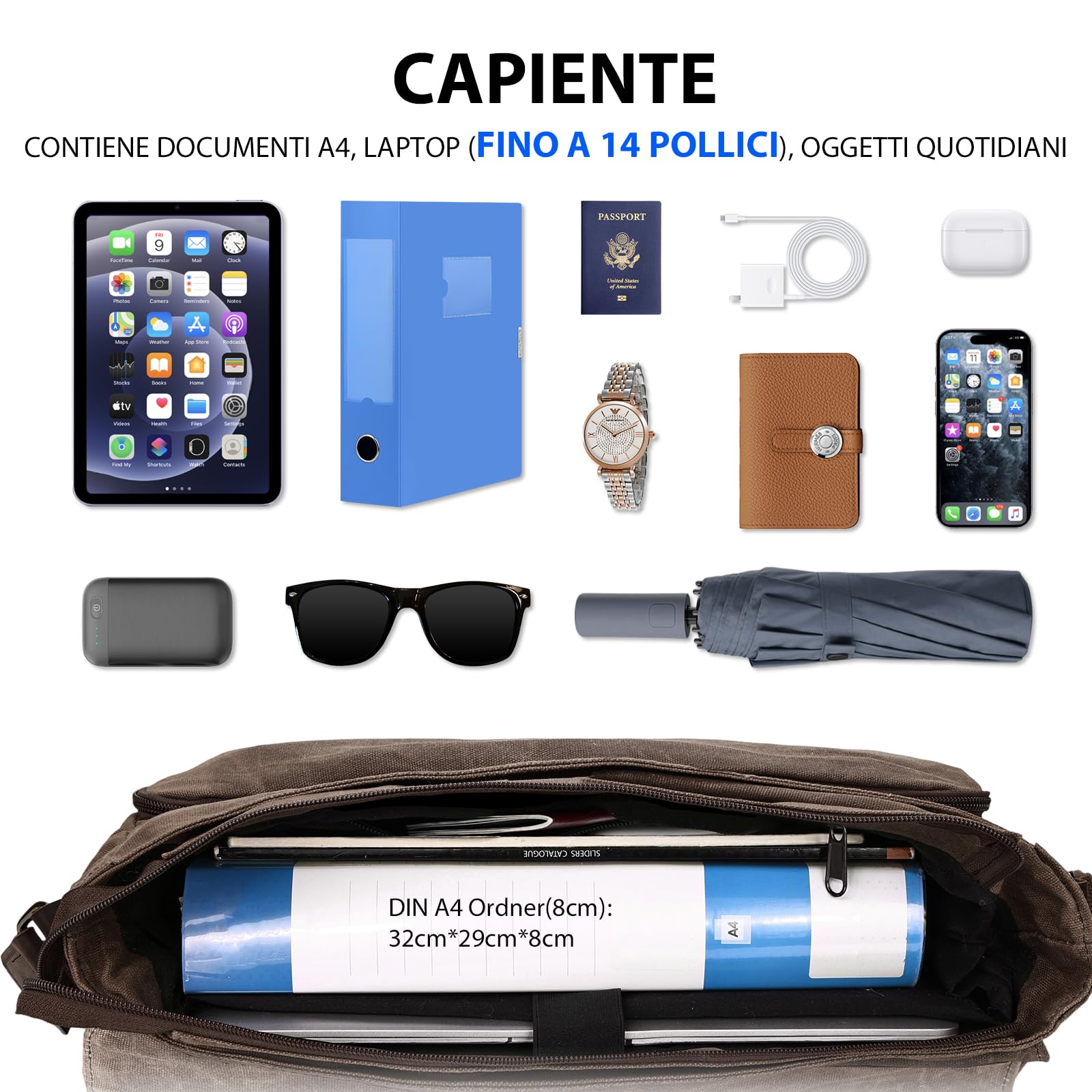 Leathario Borsa a Tracolla Uomo per Laptop 14 Pollici, Modello Messenger in Pelle Vera e Tela per Lavoro, Università e Scuola, Marrone