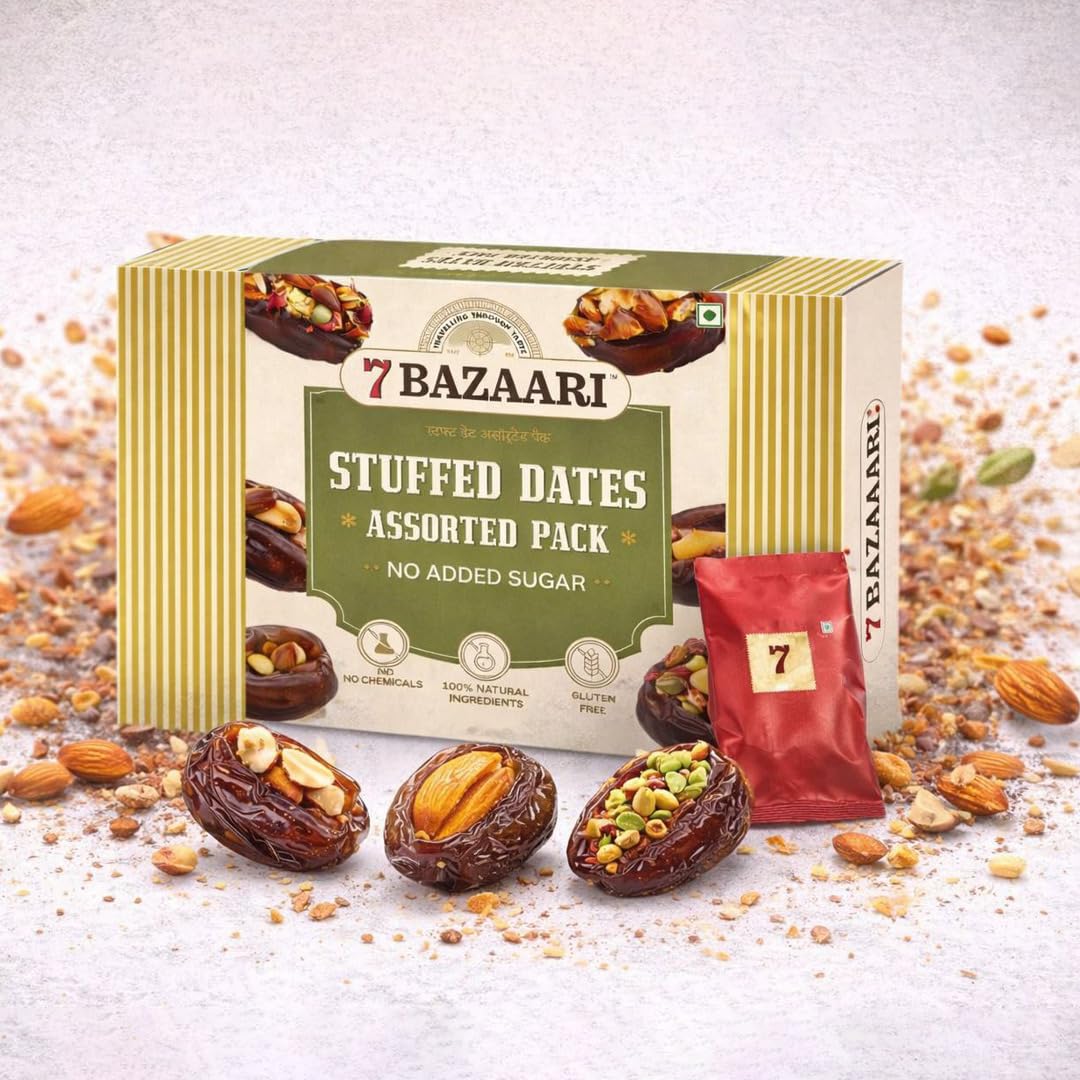7 BAZAARI™ Healthy Stuffed Dates | Premium Assorted Box with Almond, Pistachio, Apricot & Honey | No Added Sugar, Gluten-Free, Natural Festival Sweets Gift Pack